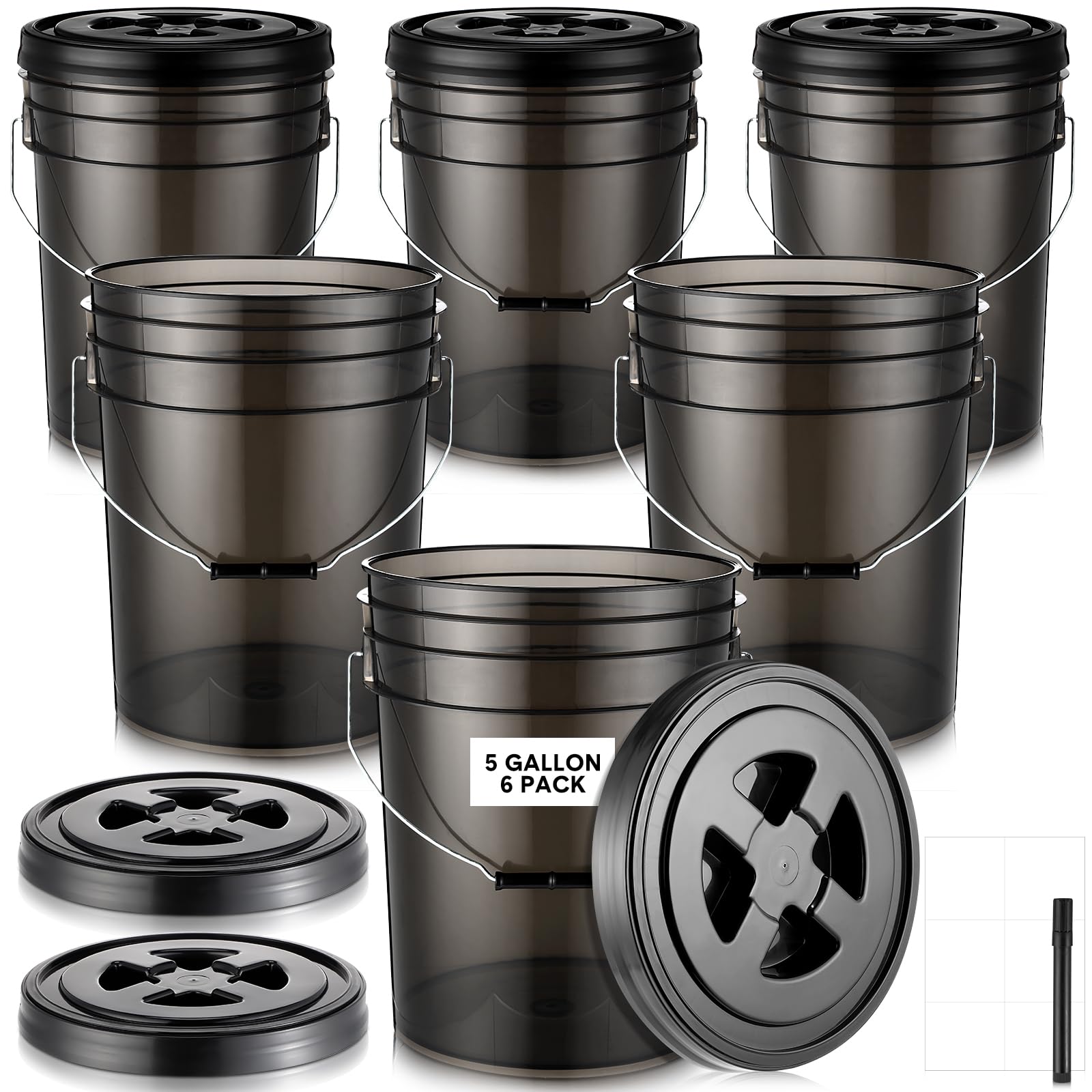 6 Sets 5 Gallon Food Storage Containers with Lids Translucent Buckets Pails with Screw on Airtight Lid Plastic Heavy Duty Bucket with DIY Sticker Labels and Marker Reusable Industrial 5 Gallon Bucket