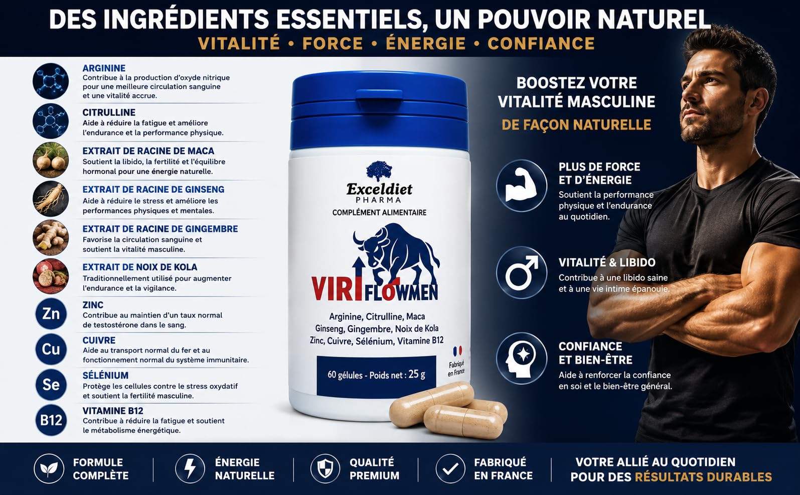 ViriflowMen – Complément Alimentaire Homme | Libido, Énergie Masculine, Vitalité & Endurance | Arginine, Citrulline, Ginseng, Maca, Kola, Gingembre | Vitamine B12 & Minéraux | 60 Gélules