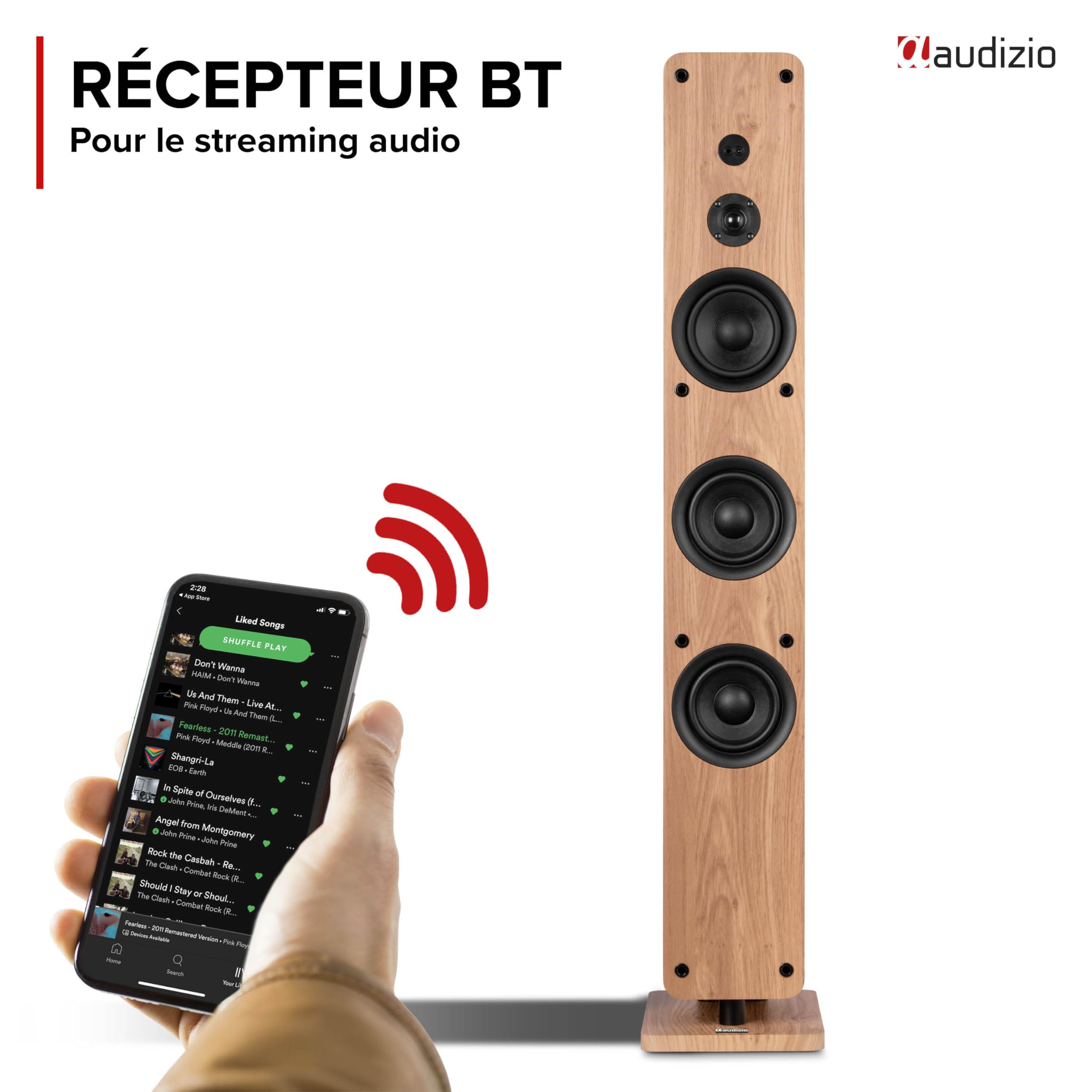Audizio ARCO - Enceinte Colonne Hi-FI Active Chêne Clair avec Radio Dab+ 160W avec 3 Woofers 4″ - Tour de Son BT, USB, Optique