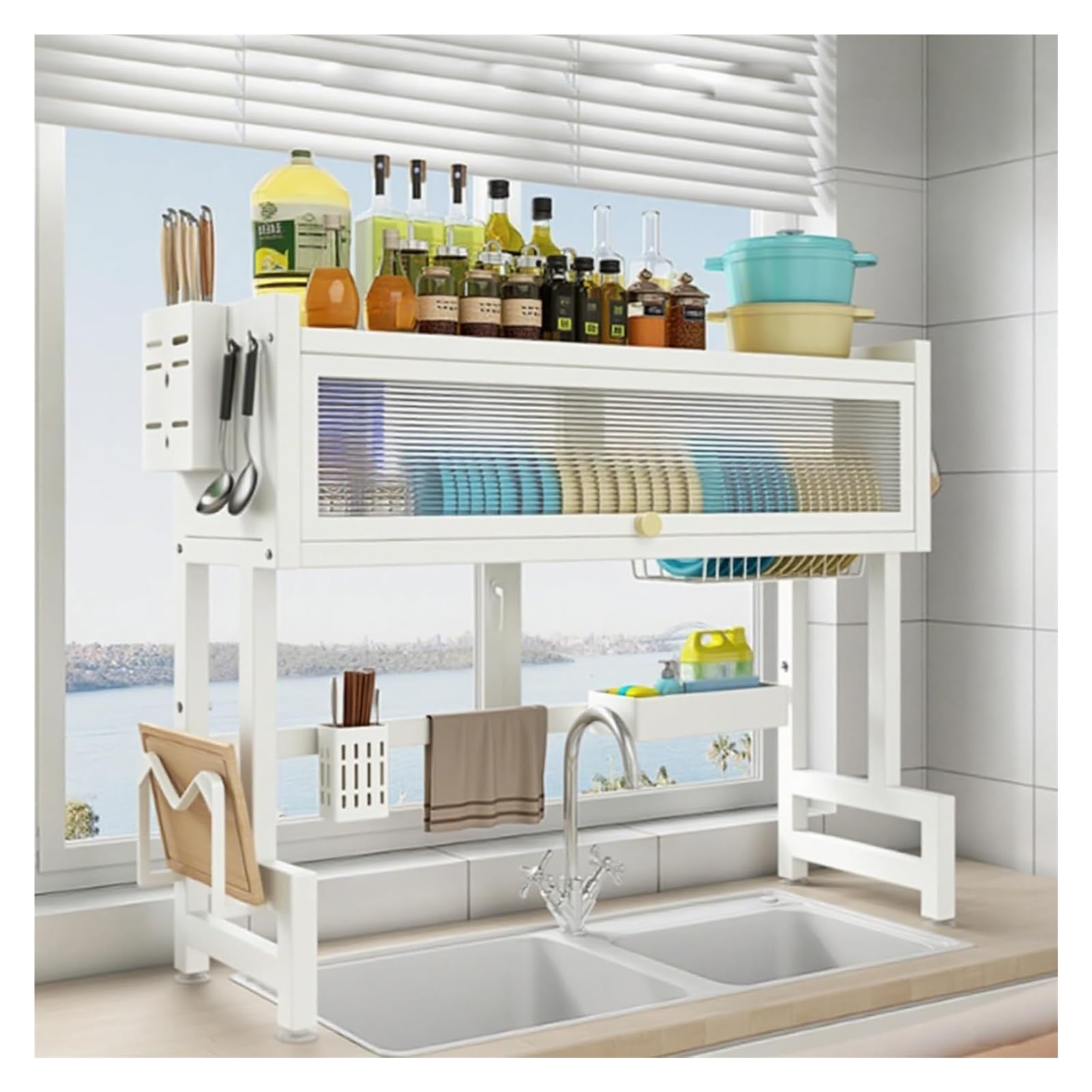 Wielofunkcyjny stojak do suszenia naczyń i ociekacz 70 cm kuchenny blat organizer na sztućce z tablicą oszczędzającą miejsce biały stojak do wydajnego suszenia naczyń