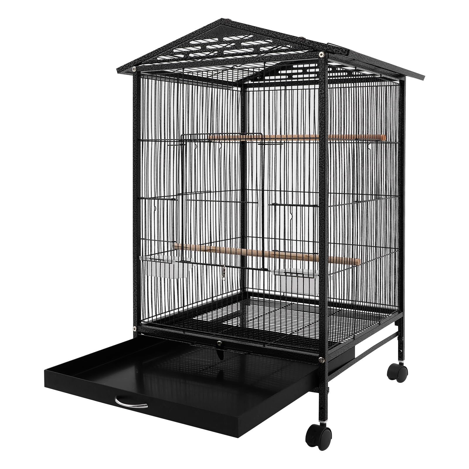 jaula grande independiente para pájaros, aviario con 4 ruedas, jaula para pájaros con bandeja para suciedad, barras de percha, jaulas de hierro para pájaros, jaula para periquitos, negro