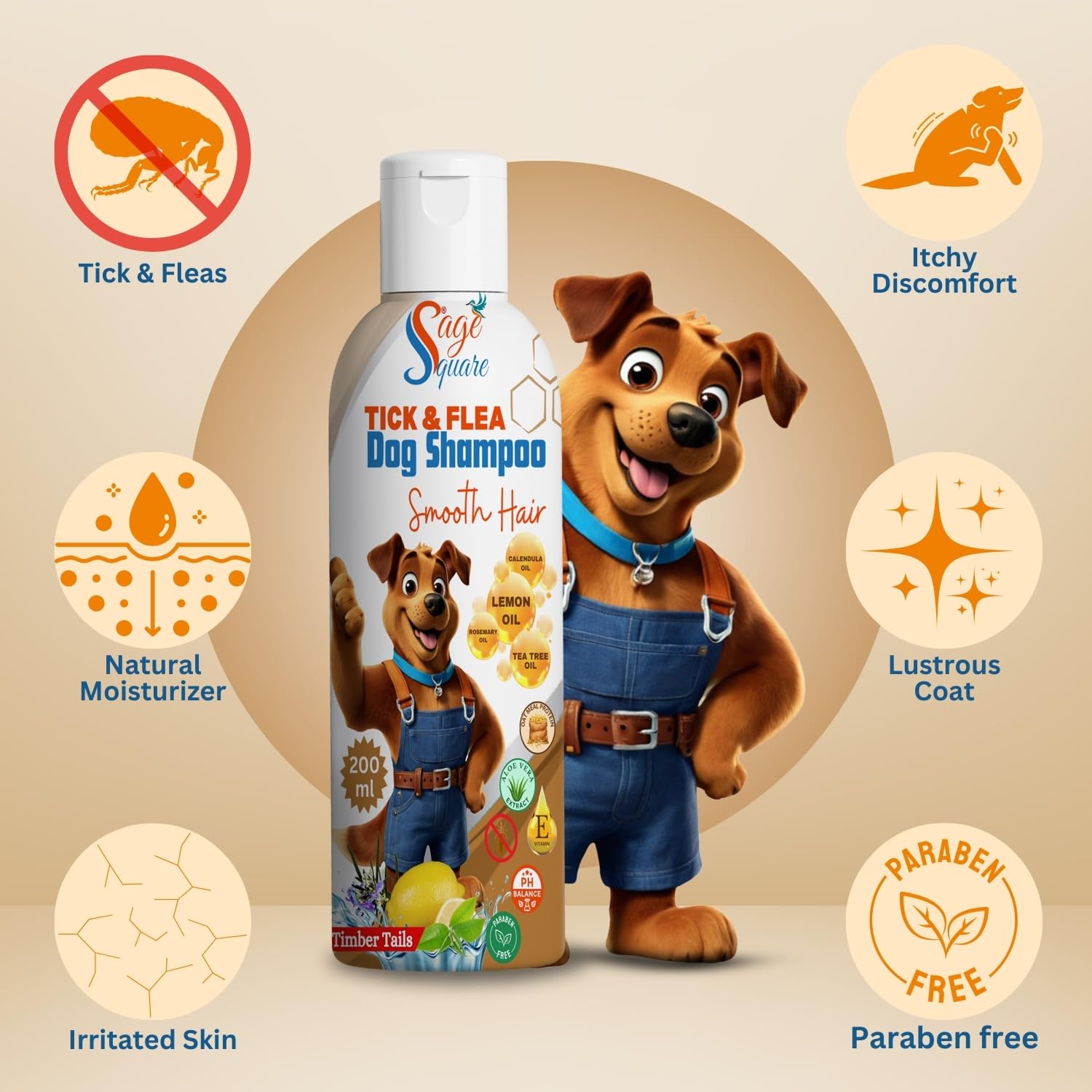 Sage Square Dog Shampoo Tick & Flea: Rid Your Dogs & Cats of Fleas, Ticks, & Other Pests, Eliminate Parasites, Soothe Skin, & Promote a Healthy Coat, Deodorizing Dog Shampoo (200ml Timber Tails) 2