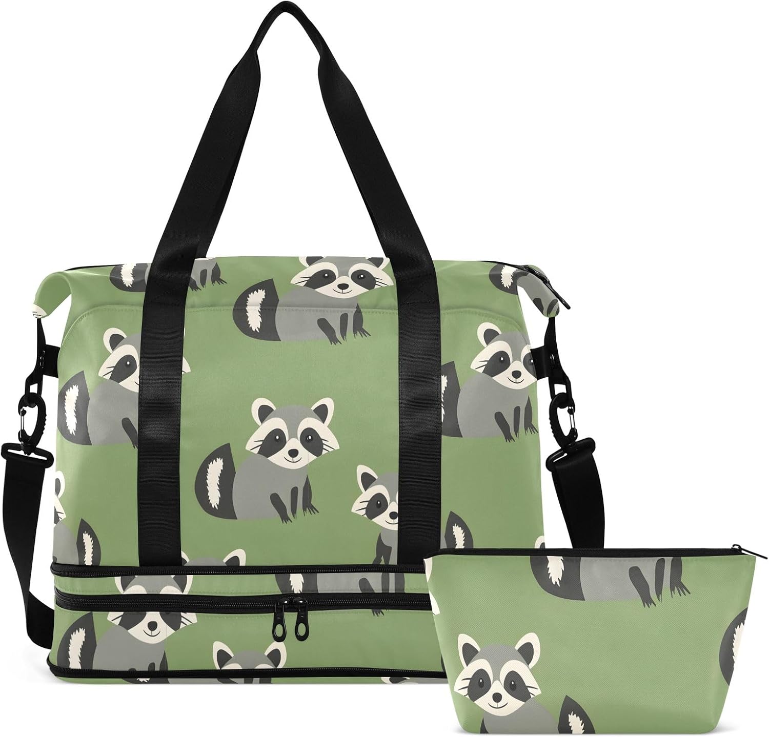 Travel Duffel Gym Sports Luggage Bag Expandable Large Capacity Raccoon Green Sports Bag for Women and Men