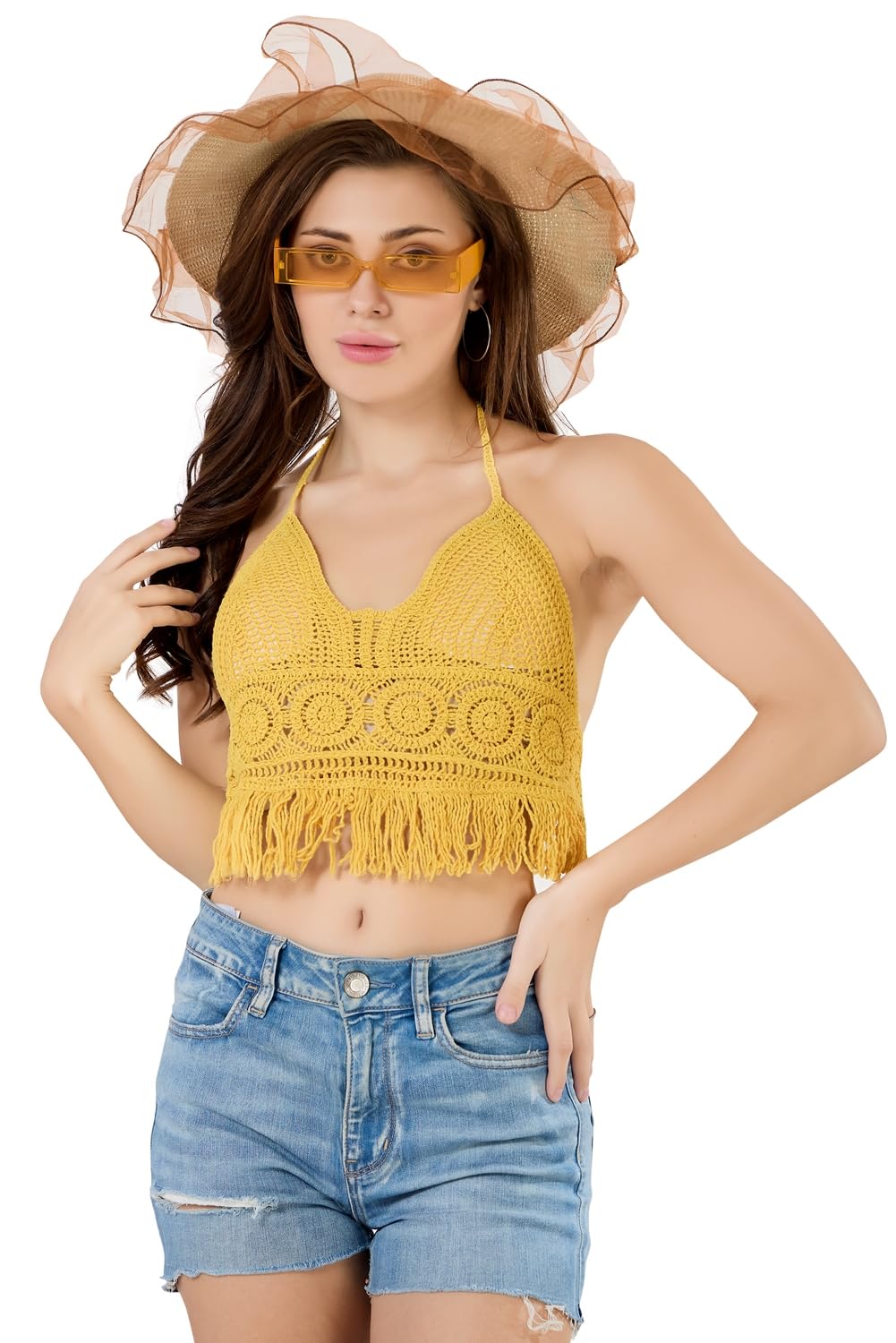 fabme Women's Padded Crochet Halter Crop Bra/Top-picture-54