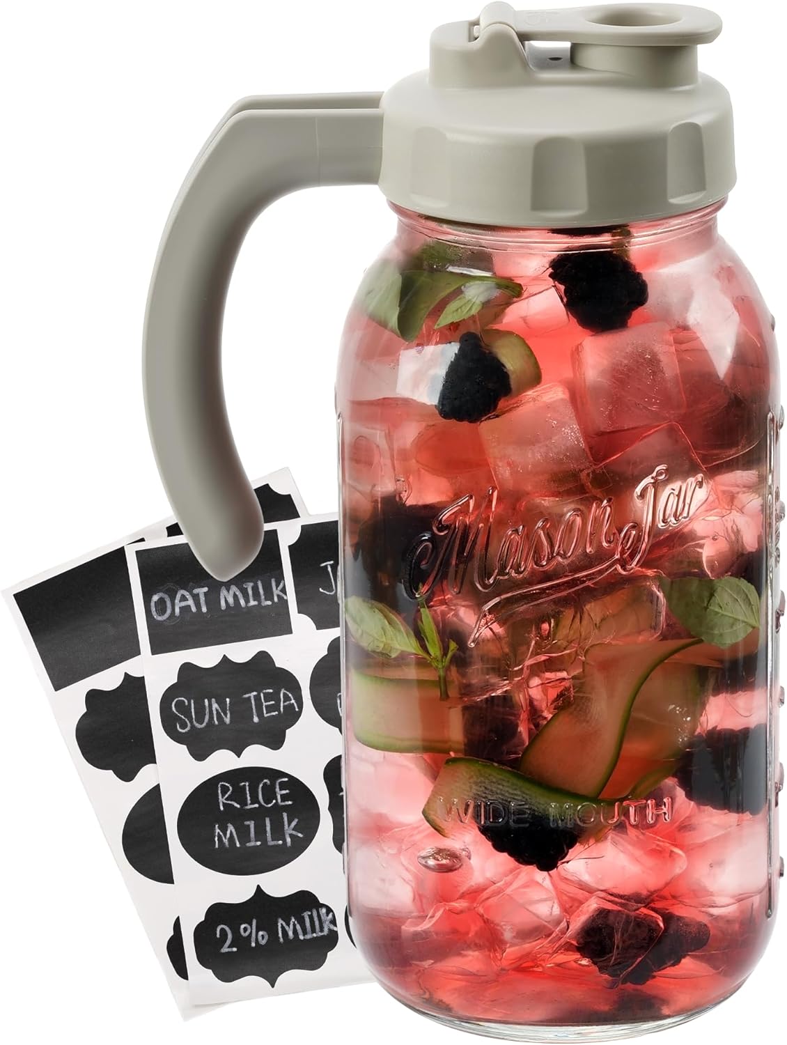 Soligt Glass Mason Jar Pitcher with Lid, Wide Mouth Flip Cap Pour Spout Leak-proof Lid with Handle, 64 oz (2 Quart / 1.9 Liter), for Iced Coffee/Sun Tea Juice/Cold Brew Coffee/Milk (1Pack, Light Gray)