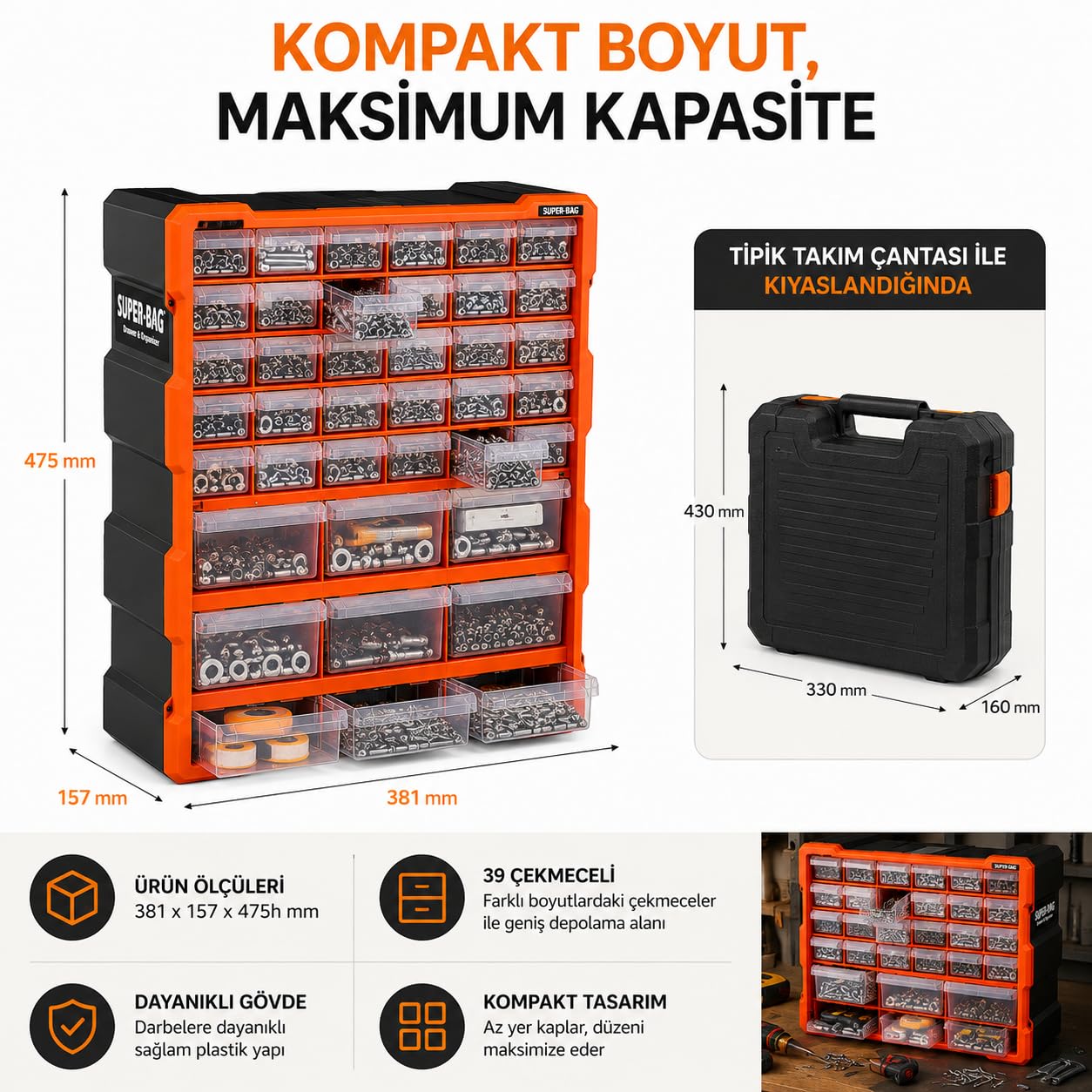 Süper Bag 39'lu Mono Blok Çekmece Seti Büyük Boy Hobby Organizer