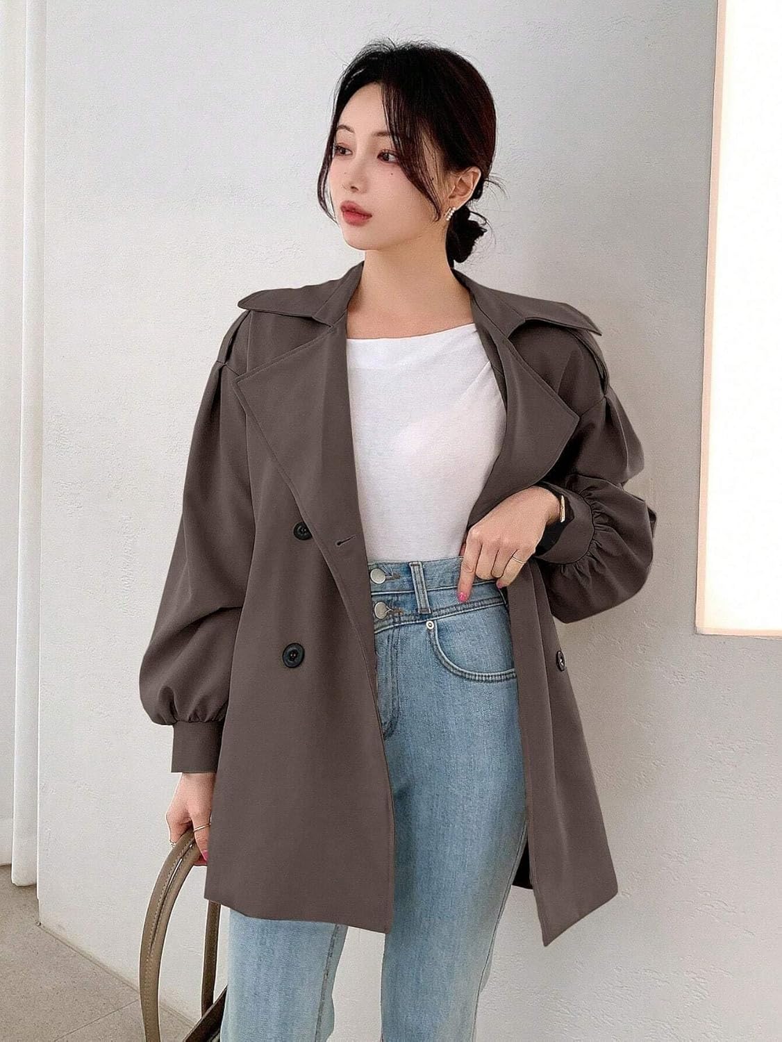 Womens Fashion Trench Outwear Double-Breasted Belted Long Sleeve Trench Coat Jacket Coat