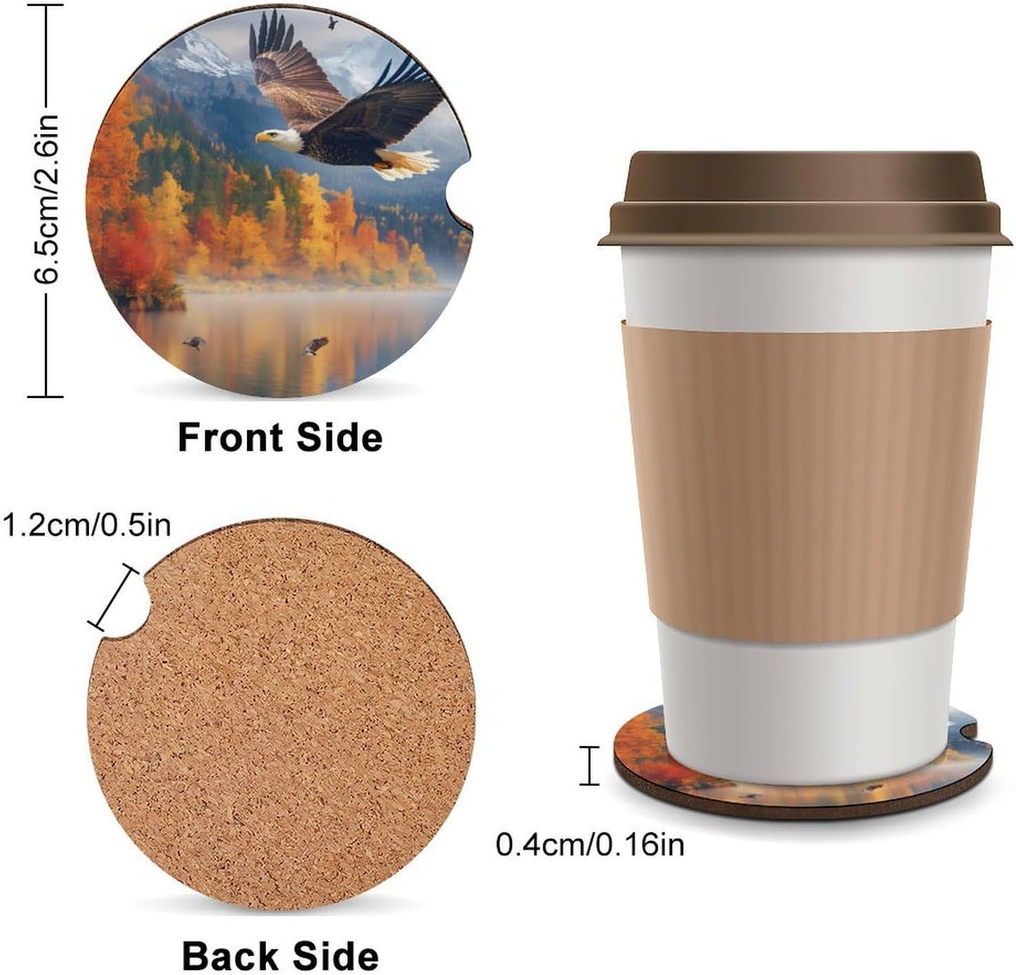 Flying Eagle1 Autumn Cute Car Coasters 2.56 Inch Absorbent Cup Holder for Drinks Auto Interior Accessories
