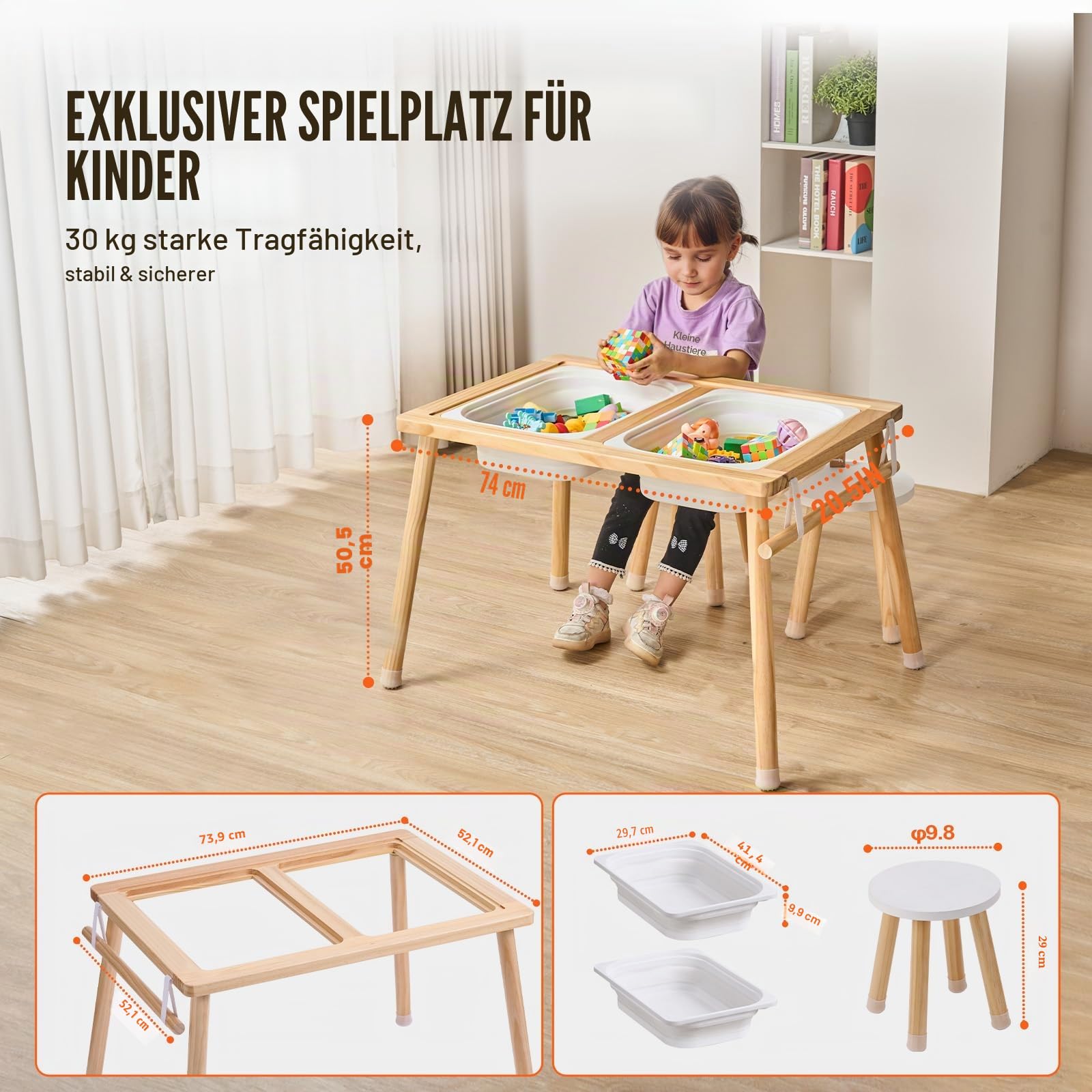 VEVOR Sensorisches Tischset Aktivitätstisch Kindersitzgruppe und Sand-und Wasserspieltisch mit 2 Hockern & 2 Aufbewahrungsbehältern & Papierrollenhalter, Kindertisch Holz – Geschenk für Kinder