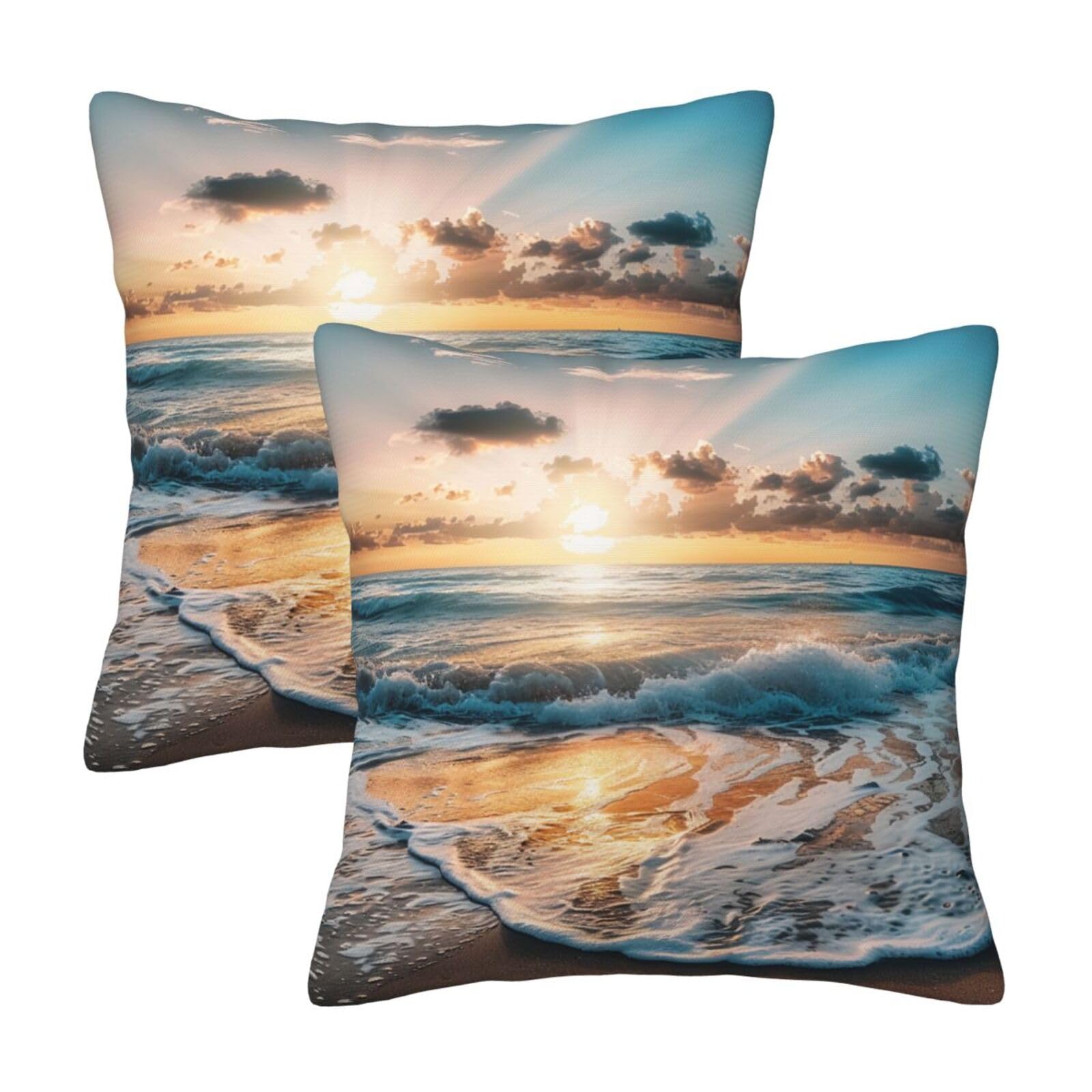 Beach Sunset Sea Waves Throw Pillow Cases 2 Pack Square Pillowcases Soft Pillow Protectors for Couch Livingroom Sofa Bed Office Car,30x30 CM
