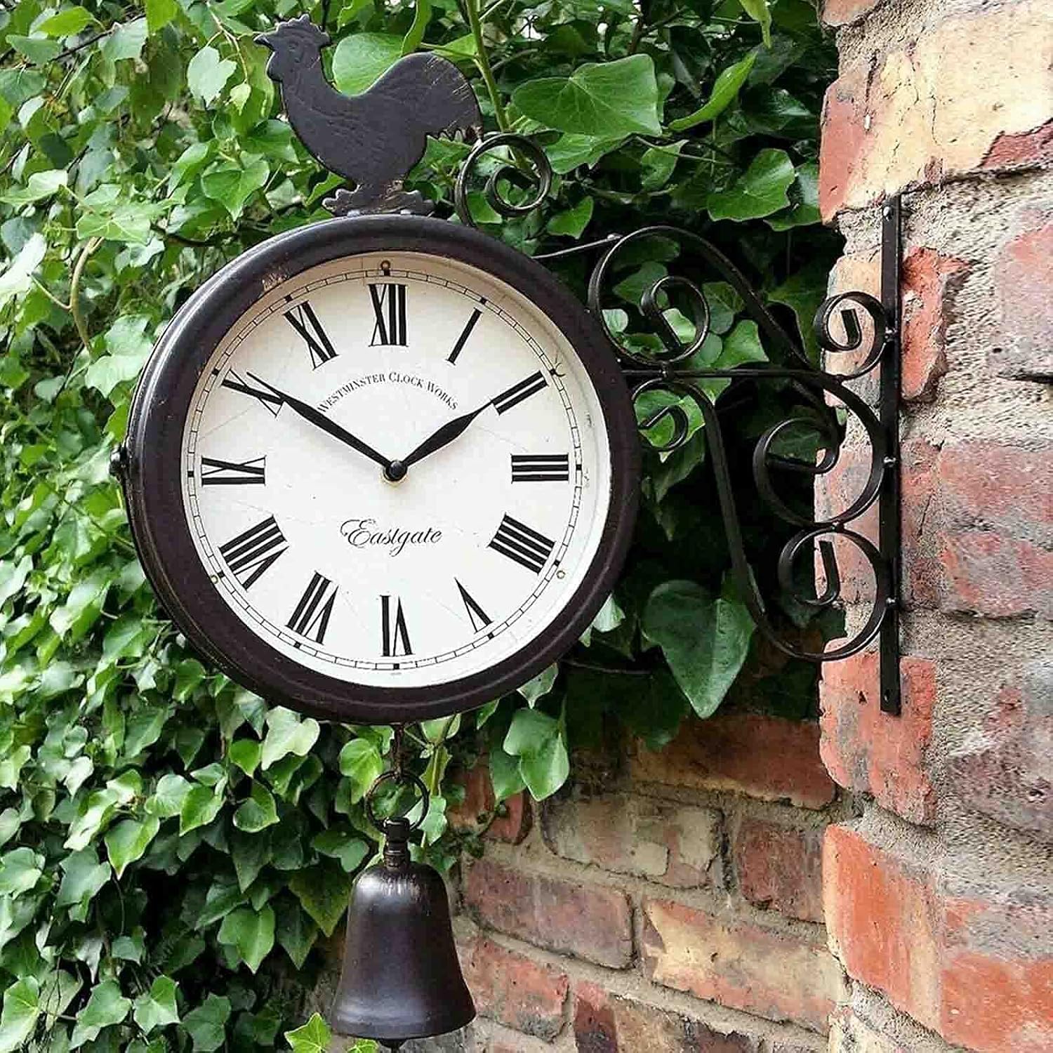 Outdoor Garden Wall Clock Hanging Wall Clock with Cockerel Bell Shape Outdoor Wrought Iron Garden Clock Innovative Fashion Double-Sided Wall Metal Clock - Wall Clocks Vintage