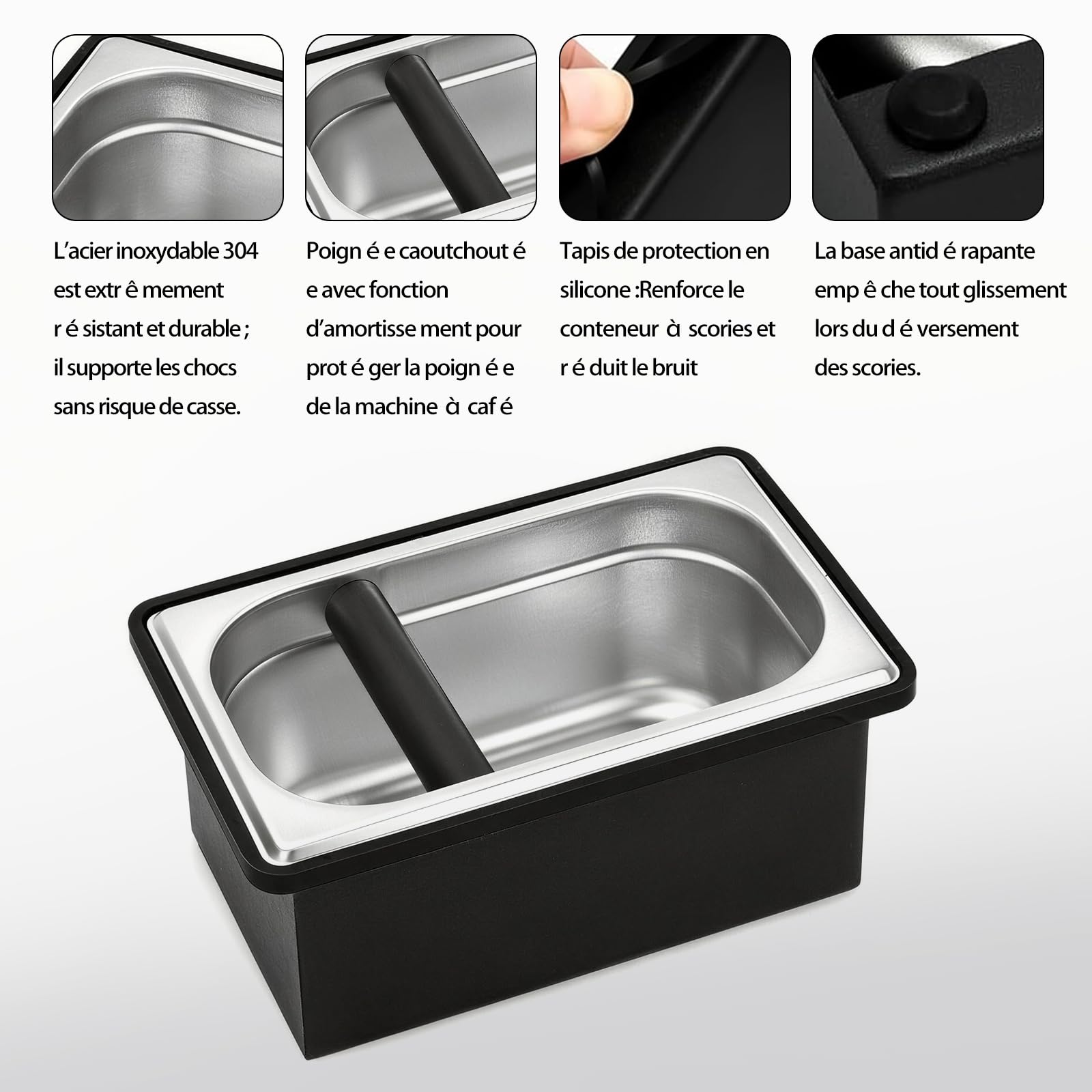 Boîte à marc de café espresso, récipient à marc en acier inoxydable, grande boîte à café avec caoutchouc amortisseur et joints en silicone, durable et facile à nettoyer