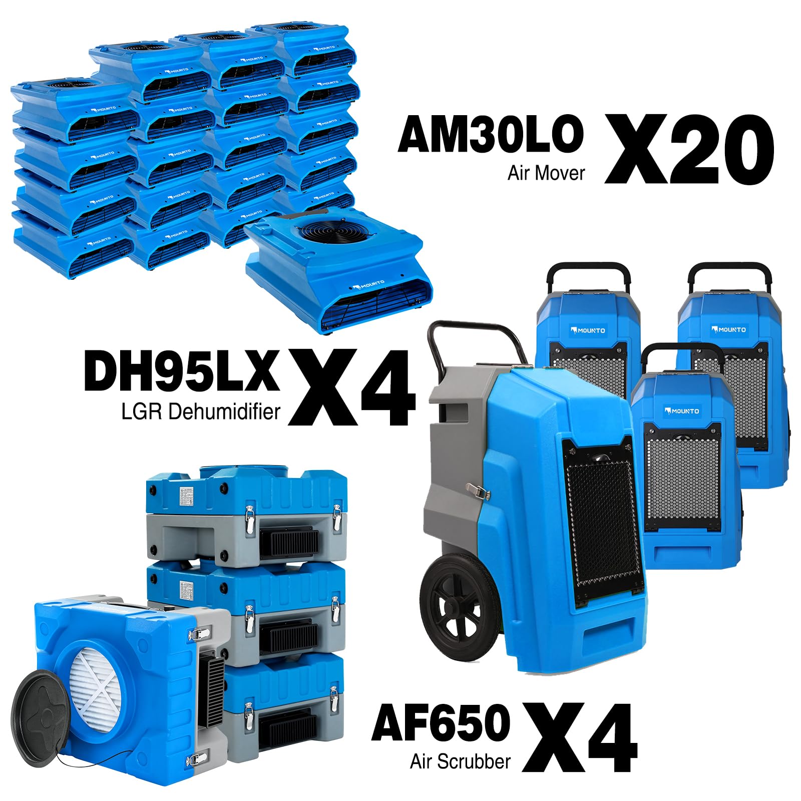 MOUNTO Water Damage Restoration Combo Package Deals (20xAir Mover, 4x Air Scrubber, 4x LGR Dehumidifiers)