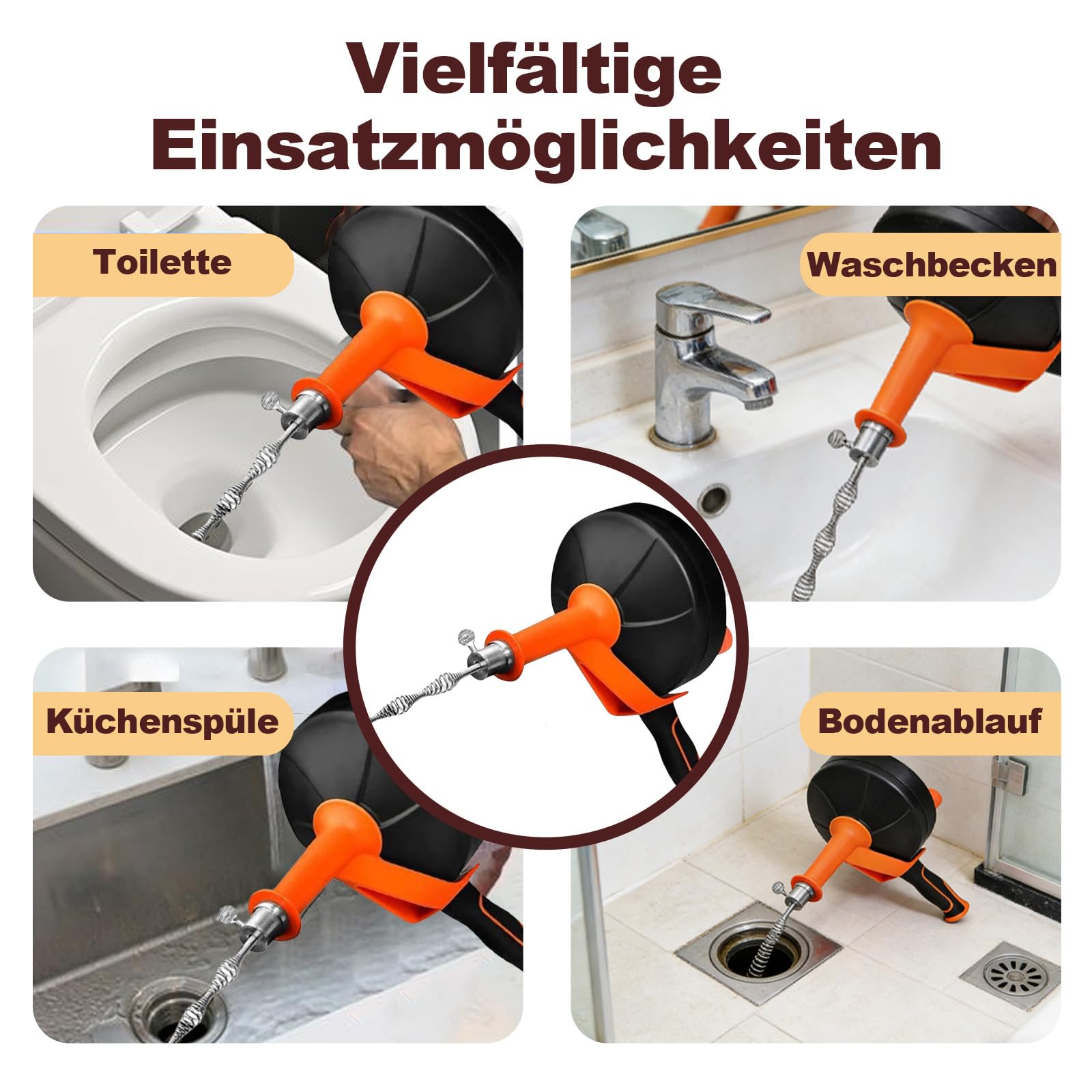 13 m Rohrreinigungsspirale, Abflussreiniger Spirale mit Handkurbel, Rohrspirale aus Manganstahl für Bohrmaschine, mit Greifkralle, Reinigungshaken, Tragetasche, Schutzhandschuhen, Schutzbrille