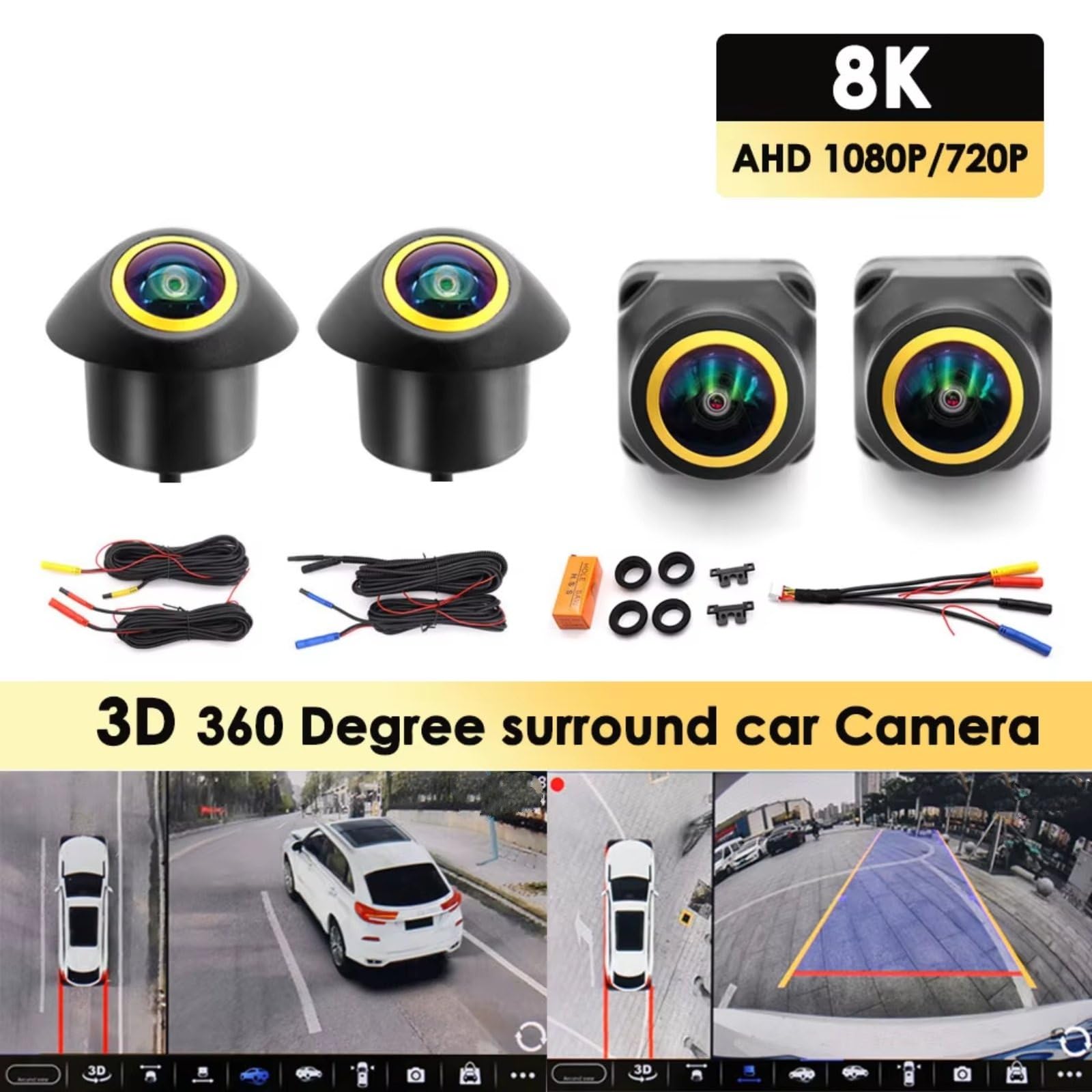 HD 360 Grad Autokamera 1080P 8K 3D AHD Surround View Rechts + Links + Vorne + Rückansicht Rückfahrkamera Navigation Rückwärts Hd Rückfahrkamera
