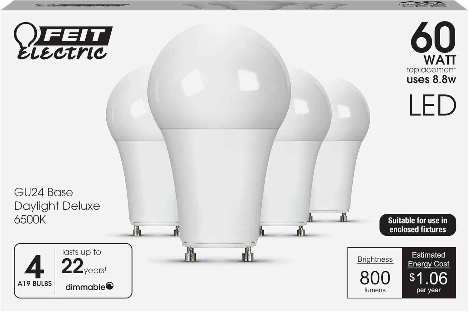 Feit Electric A19 LED Light Bulbs, 60W Equivalent, GU24 Twist-Lock Base, Dimmable, 6500K Bright White, 800 Lumens, 90+ CRI, Enclosed Fixture Rated, 25,000-Hour Lifetime, OM60DM/965CA/GU24/4, 4-Pack