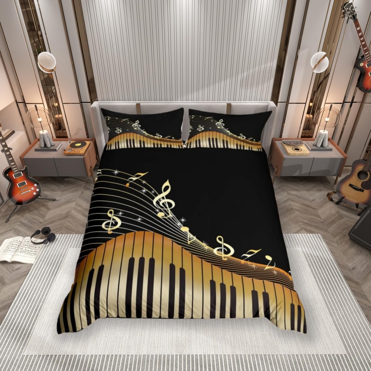 feelingyou Piano Keys Duvet Cover,Kids Golden Music Notes Bedding Set,Black and White Comforter Cover for Boys Girls Room Decor,Music Lightweight Bedspread Cover Single Size with 1 Pillow Case
