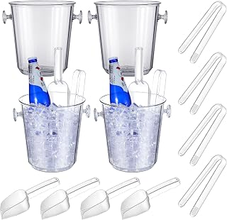 Irenare Acrylic Ice Buckets for Parties 3.5 L Plastic Clear Wine Bucket with Plastic Scoop and Tongs Bottle Drink Cooler Bucket Kits Champagne Wine Beer Beverage(12 Pcs)