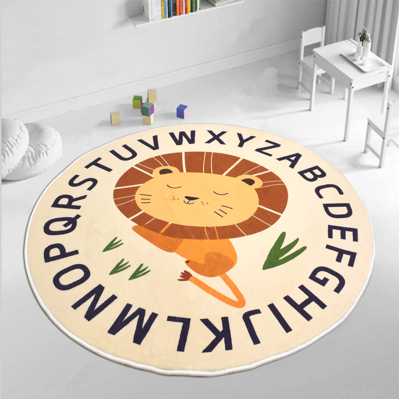 Lacomfy Kids Play Mat Rug Carpet 4Ft Round Lion Area Rug Cartoon ABC Crawling Cushion for Boys Girls Plush Nursery Rug for Children Washable Floor