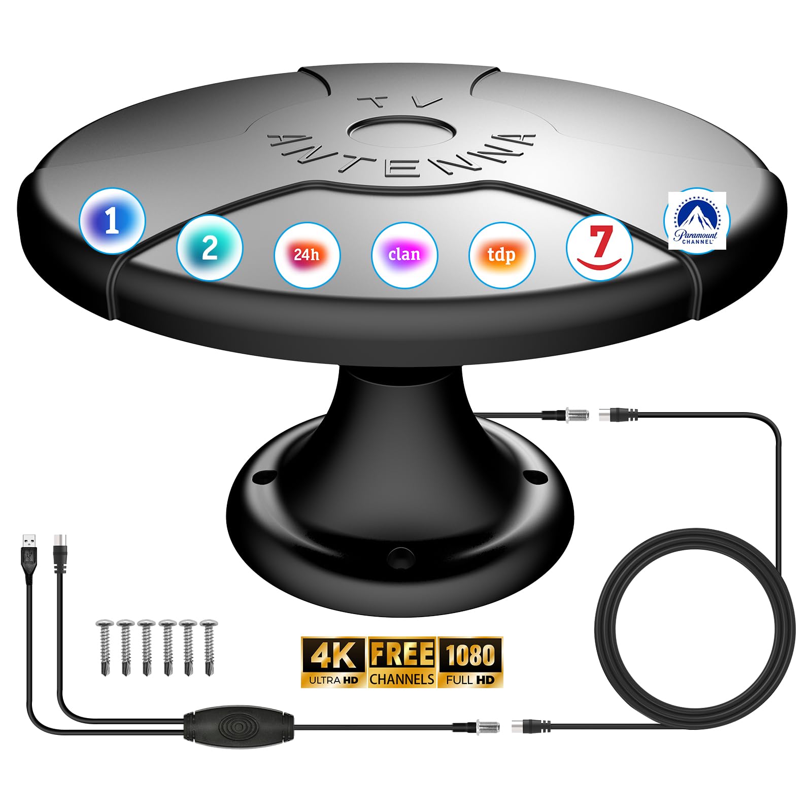 Antena TV para Caravana, Antena TV Digital Inteligente HD para Exterior, Recepción 360°, Recepción Gratuita de Canales Locales, Cable 5m, 4 Tornillos, para Ático, Exterior, Casa, Caravana y Camión
