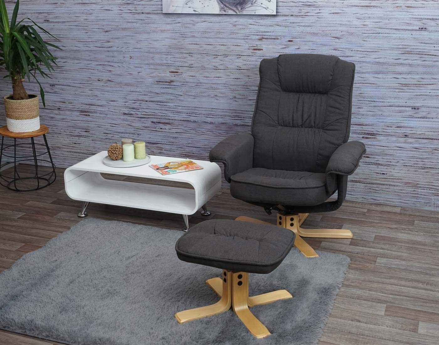 Mendler Sillón de relax M56 con taburete, Sillas tela/textil, certificado FSC®, color gris oscuro | Sillón de TV con taburete, certificado FSC®