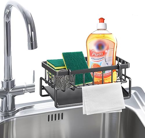 Miniatura 1 de Rainmae Organizador de fregadero de cocina, soporte de esponja para fregadero de cocina, organizador de fregadero de acero inoxidable con bandeja de