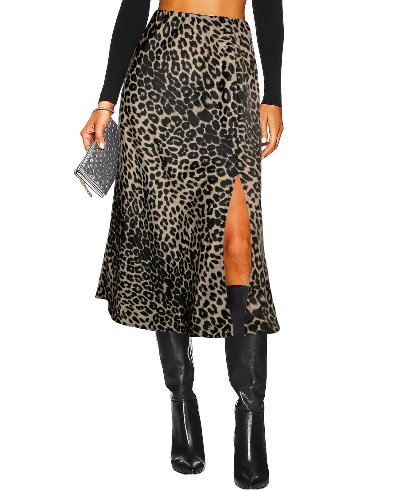 Women's Side Slit A Line Satin Midi Skirt Elastic High Waisted Cheetah Leopard Print Silk Long Skirts for Women
