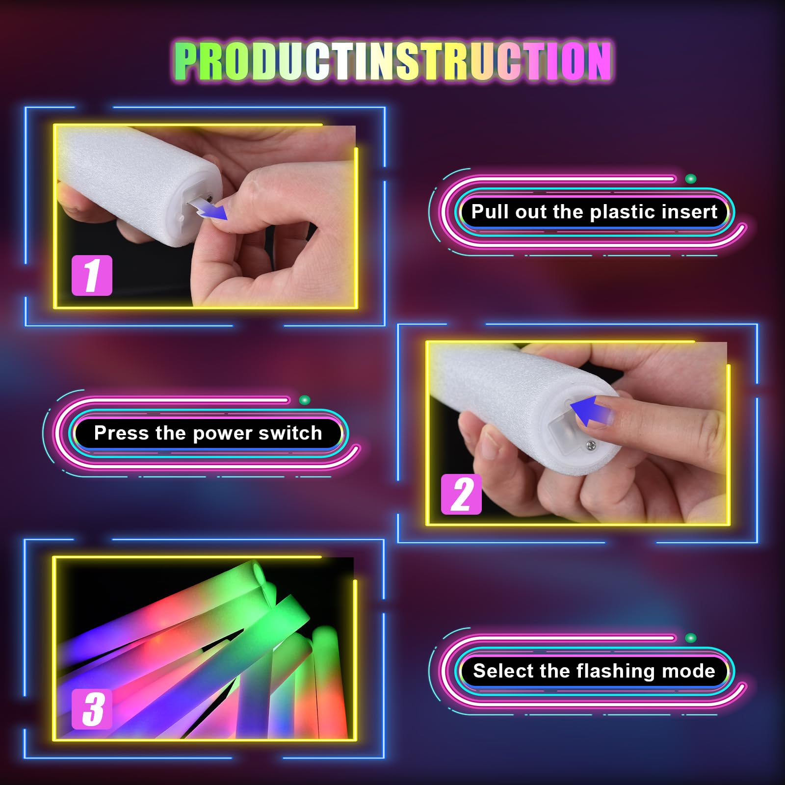 Bâtons fluorescents en mousse, bâtons lumineux à DEL avec 3 modes clignotants, fournitures de fête pour mariages, anniversaires, concerts, fêtes, camping, événements sportifs (108 pièces)