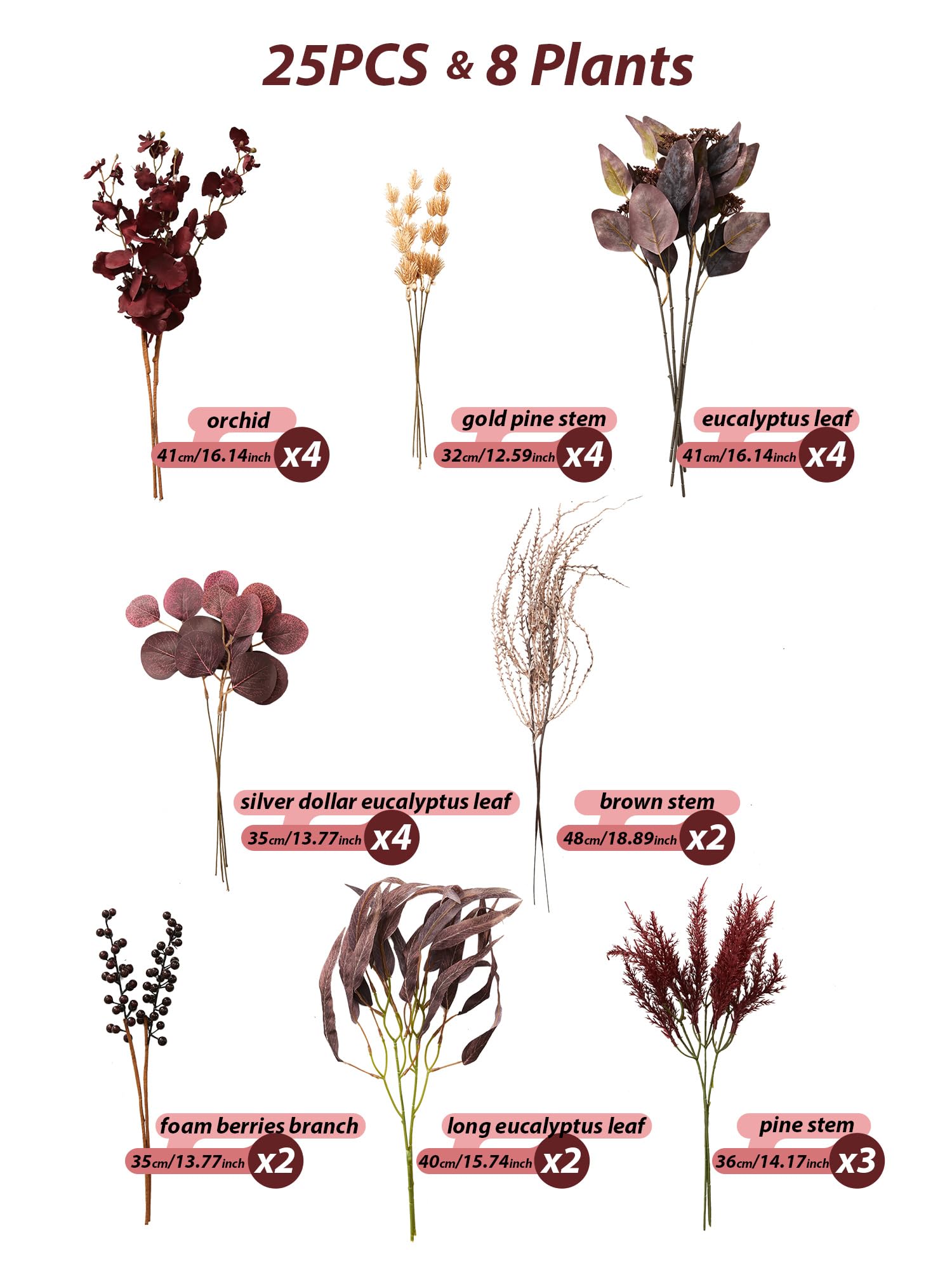 MISSPIN 25PCS Artificial Greenery Stems Set, Faux Greenery Branches with 8 Kinds of Greenery Leaves for Wedding Bouquet Table Centerpieces