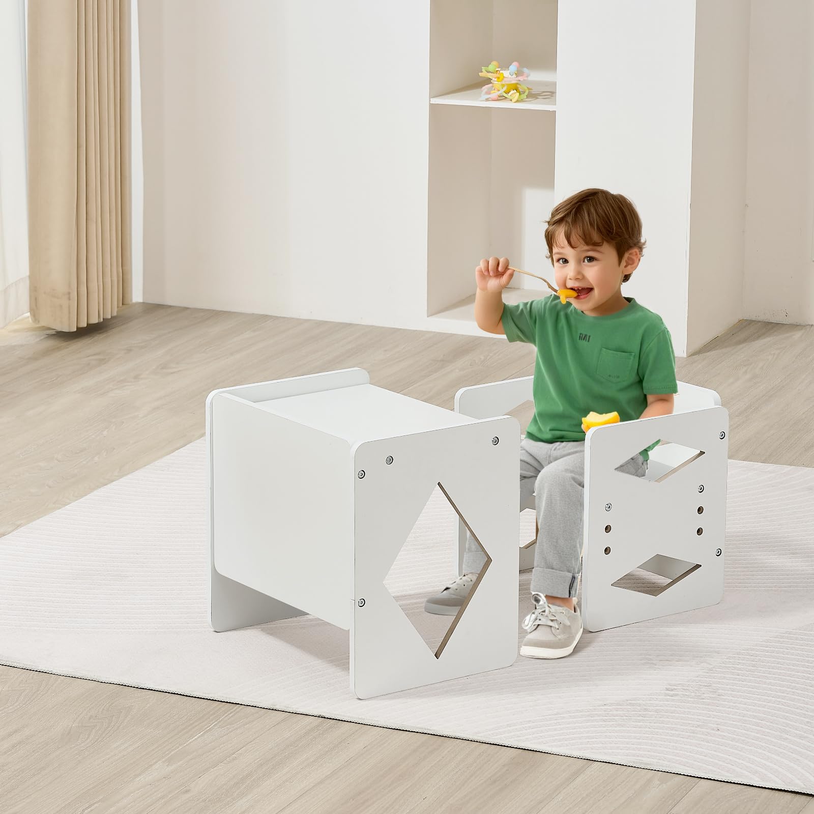 VEVOR Montessori Tisch Stuhlset Kleinkindertischset (1 Tisch + 1 Stuhl) aus Holz für 1–5-Jährige, höhenverstellbarer Aktivitätstisch Spieltisch für Kinder, ideal zum Lesen Essen Spielen – Weiß