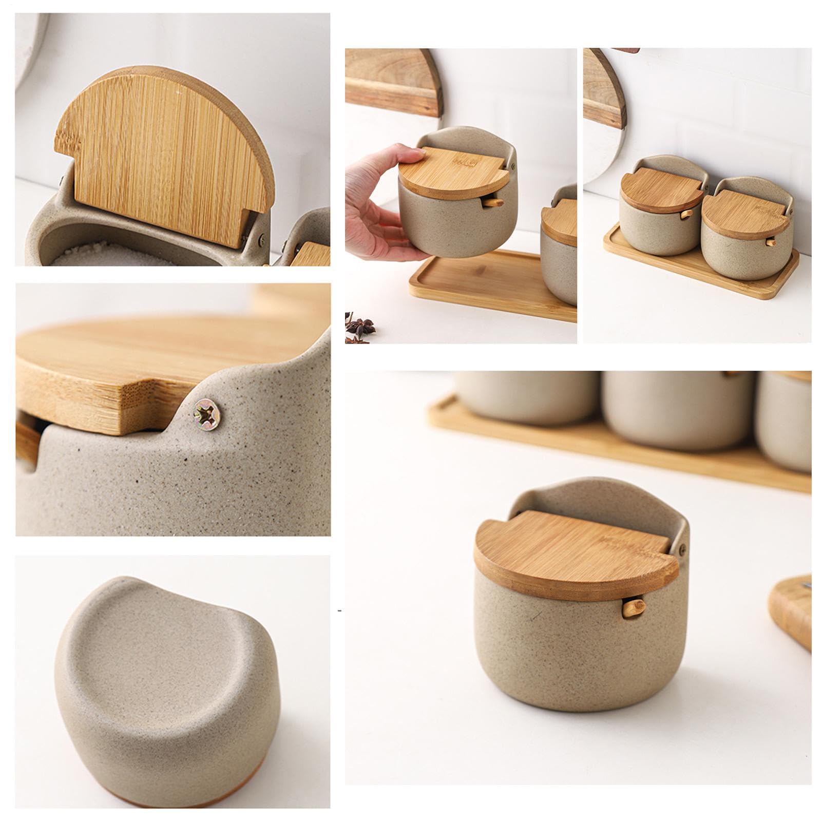 Récipient à sel – Ensemble de rangement de cuisine élégant de 22 cm | Porte-sel polyvalent en céramique – Design élégant avec cuillère et couvercle en bois, idéal pour l'assaisonnement sur