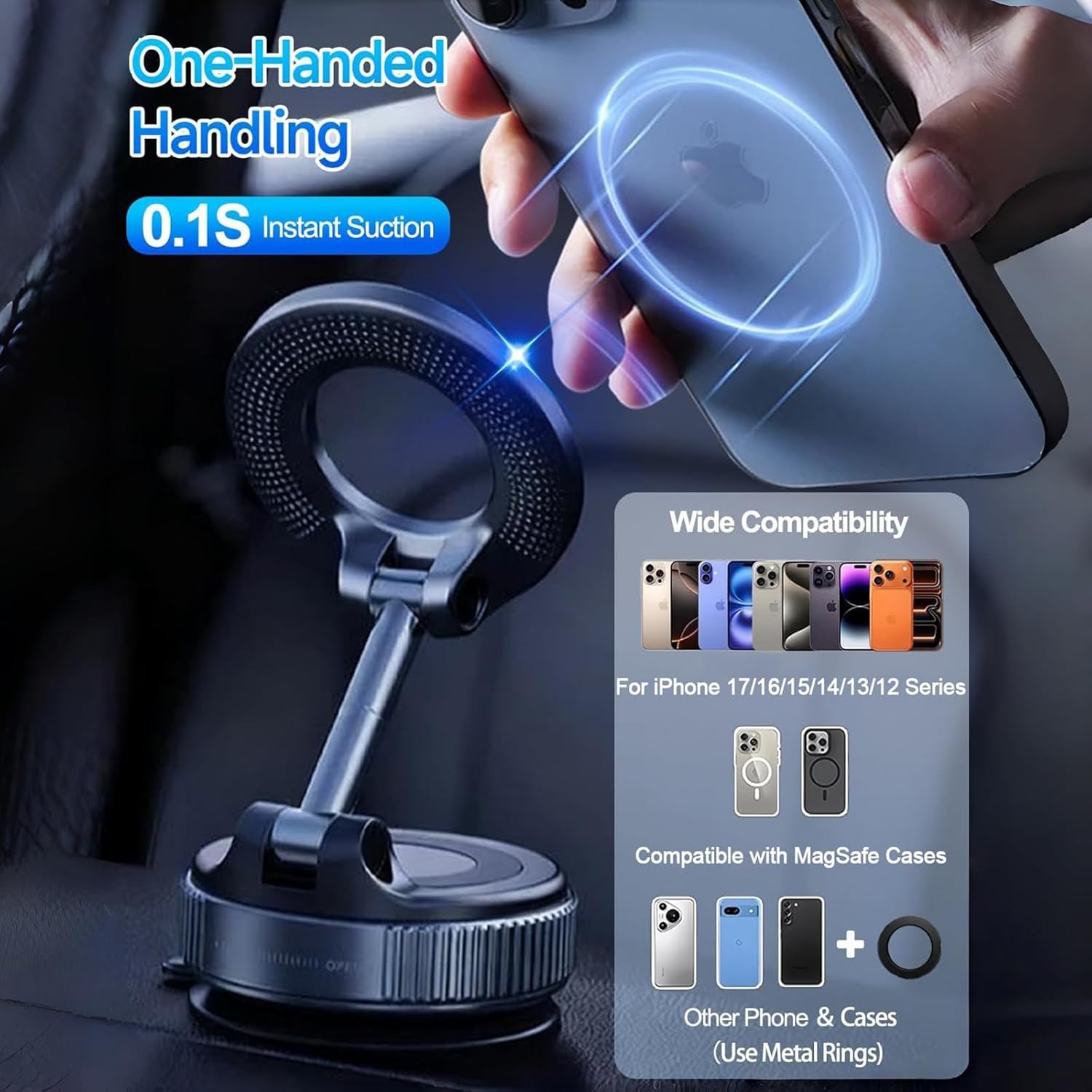 Phone Holder for Your Car, 360° Adjustable Magnetic Suction Cup Phone Mount for Magsafe, Pocket Size Foldable Car Mount, for iPhone 17 16 15 14 13 12 Series
