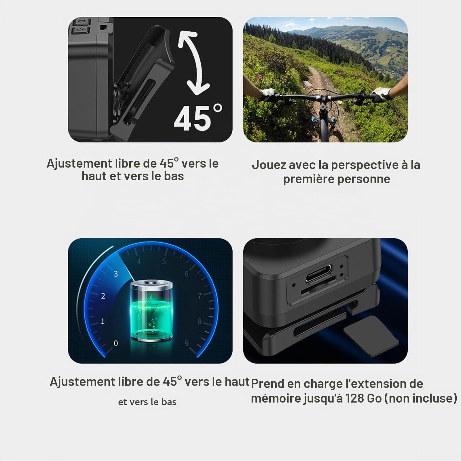 Tbest Caméra Frontale LED 1080P, Enregistreur Vidéo Mains Libres pour la Course à Pied, Le Cyclisme, Le Camping en Plein Air