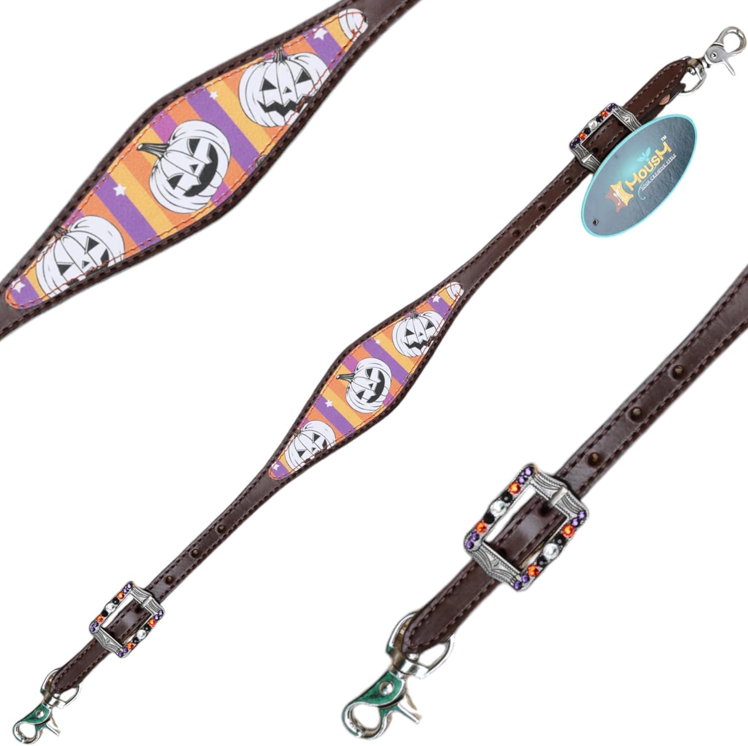 Western Leather Headstall and Breast Collar Tack Set – Laughing Halloween Pumpkin with Purple and Orange Stripe Print and Rhinestone Conchos