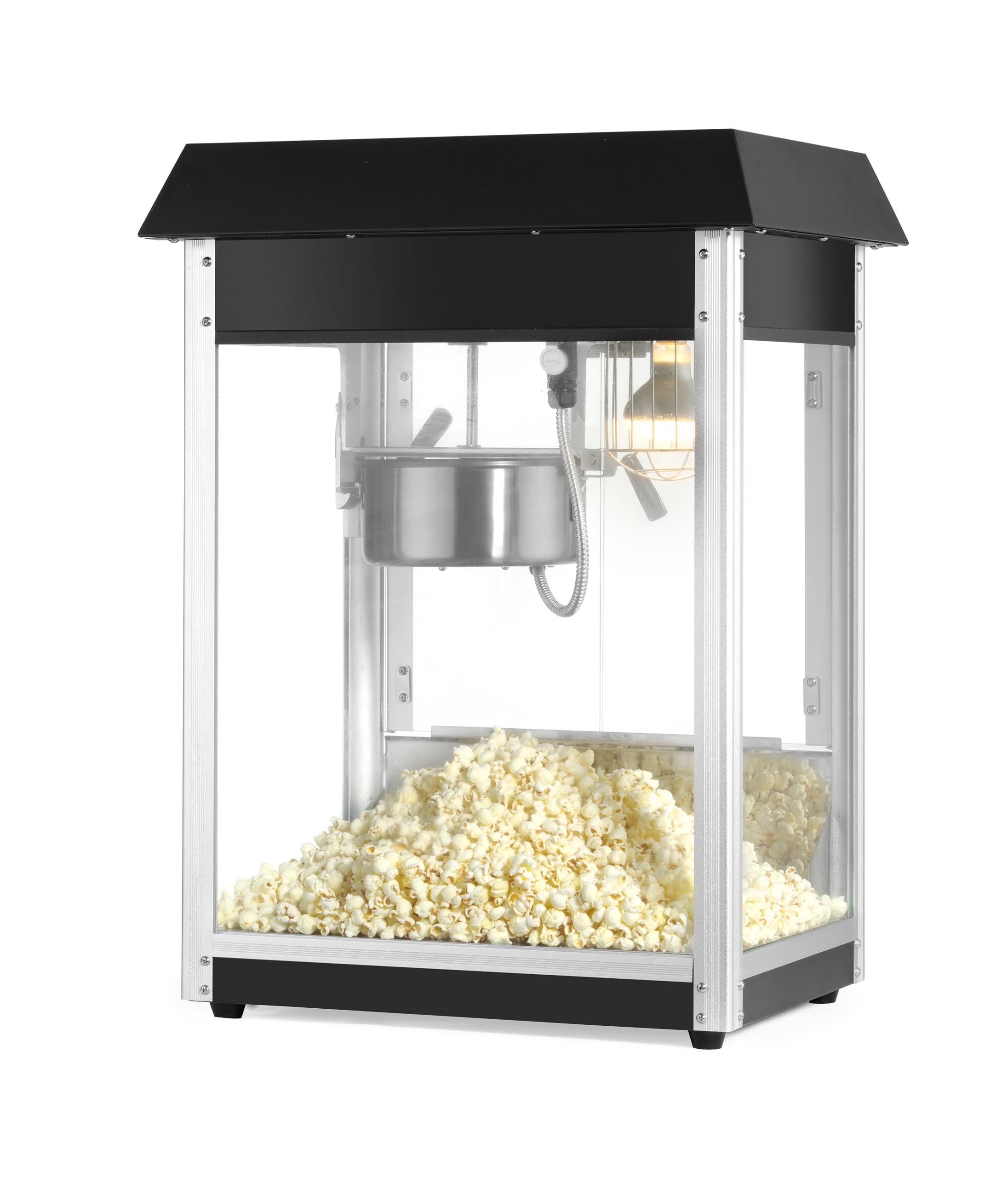 HENDI Popcornmaschine, mit Schaufel, Heizpfanne mit Rührwerk, beleuchteter Innenraum, Popcorn Maker, Warmhaltevitrine, 230V/1155W, 560x420x(H)760mm, Edelstahl, Aluminium, Glas, schwarz