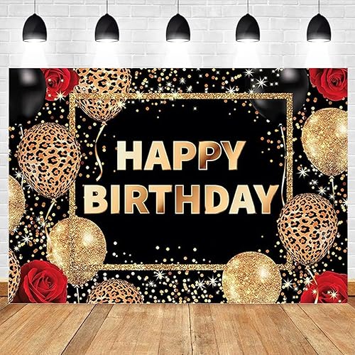 Miniatura 2 de Telón de fondo de feliz cumpleaños con estampado de leopardo negro y dorado, globos de guepardo, rosa roja, decoraciones de cumpleaños para mujeres