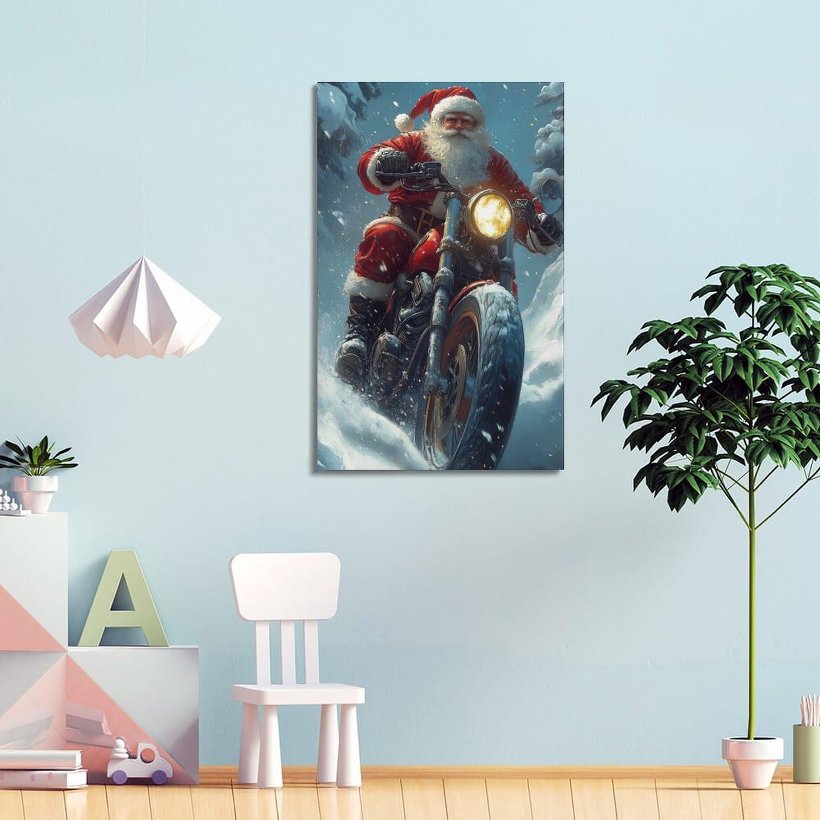 CWLLOG Stampe artistiche da parete su tela, poster natalizio per motociclisti e Babbo Natale, evidenziando un fantastico festival, decorazione moderna per soggiorno e camera da letto, 60 x 90 cm