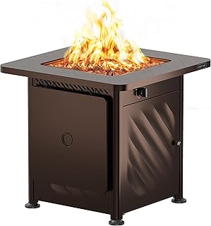 East Oak 28” Outdoor Propane Fire Pit Table | 52,000 BTU Gas Fire Pit for Outside with Easy-Hook Lid, Mesh Pocket & Lava Rocks | CSA Certified | Ideal for Patio, Garden & Backyard | Brown