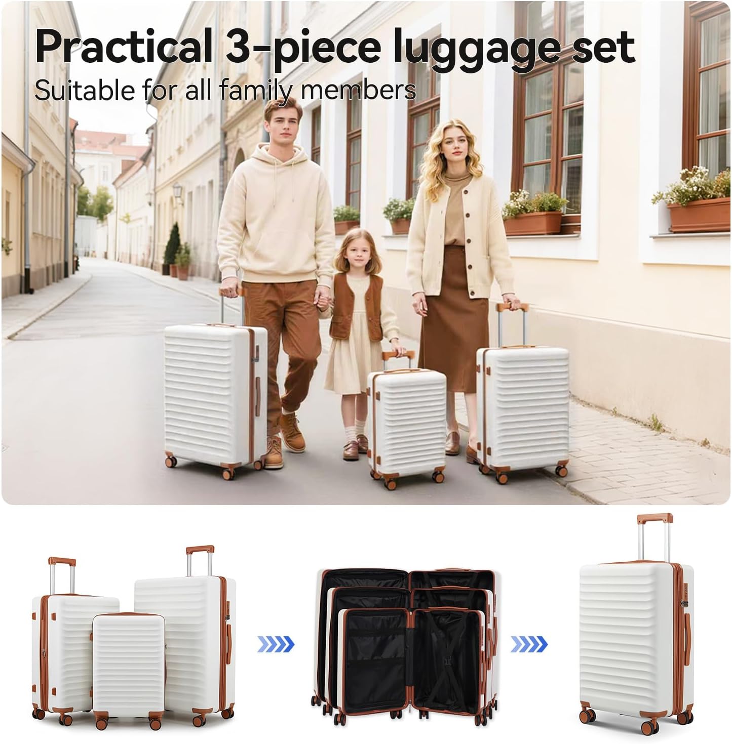 Travel Suitcase Sets 3 Piece, Expandable Hardshell Luggage Sets 3pcs with TSA Lock Spinner Wheels, White-Brown (20''/24''/28")
