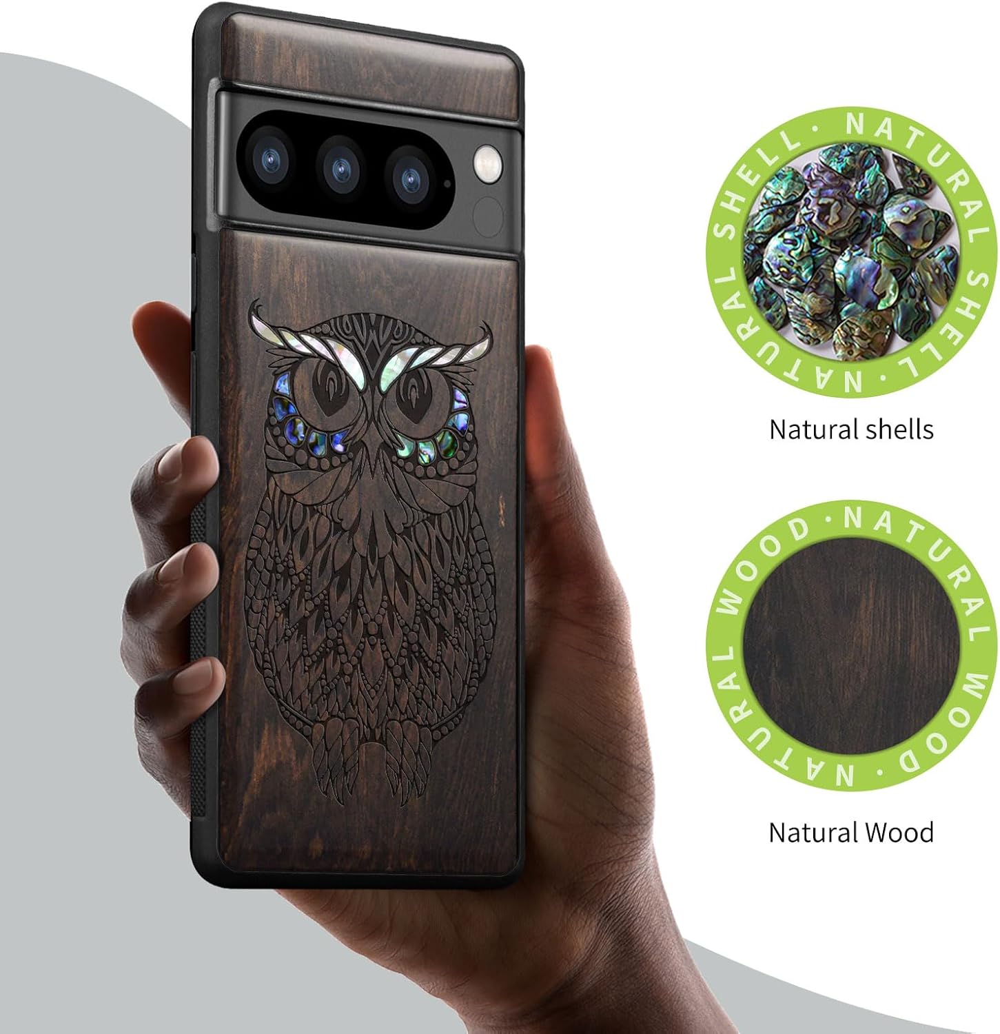 Carveit Designer Wooden Case for Google Pixel 8 Pro Case Cover [Wood Engraving & Shell Inlay] Compatible with Wireless Chargers Pixel 8 Pro (The Owl Mandala-Blackwood)