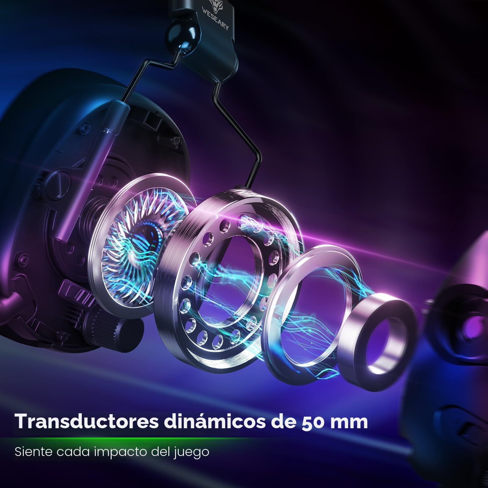 WESEARY WG2 Cascos Gaming Inalambricos, Auriculares Gaming Inalambricos de 2.4G para PS5, PS4, PC, Switch, Sonido Estéreo 7.1 Auriculares con Microfono, Cascos PS5 con Luz RGB, Duración 50Hr+