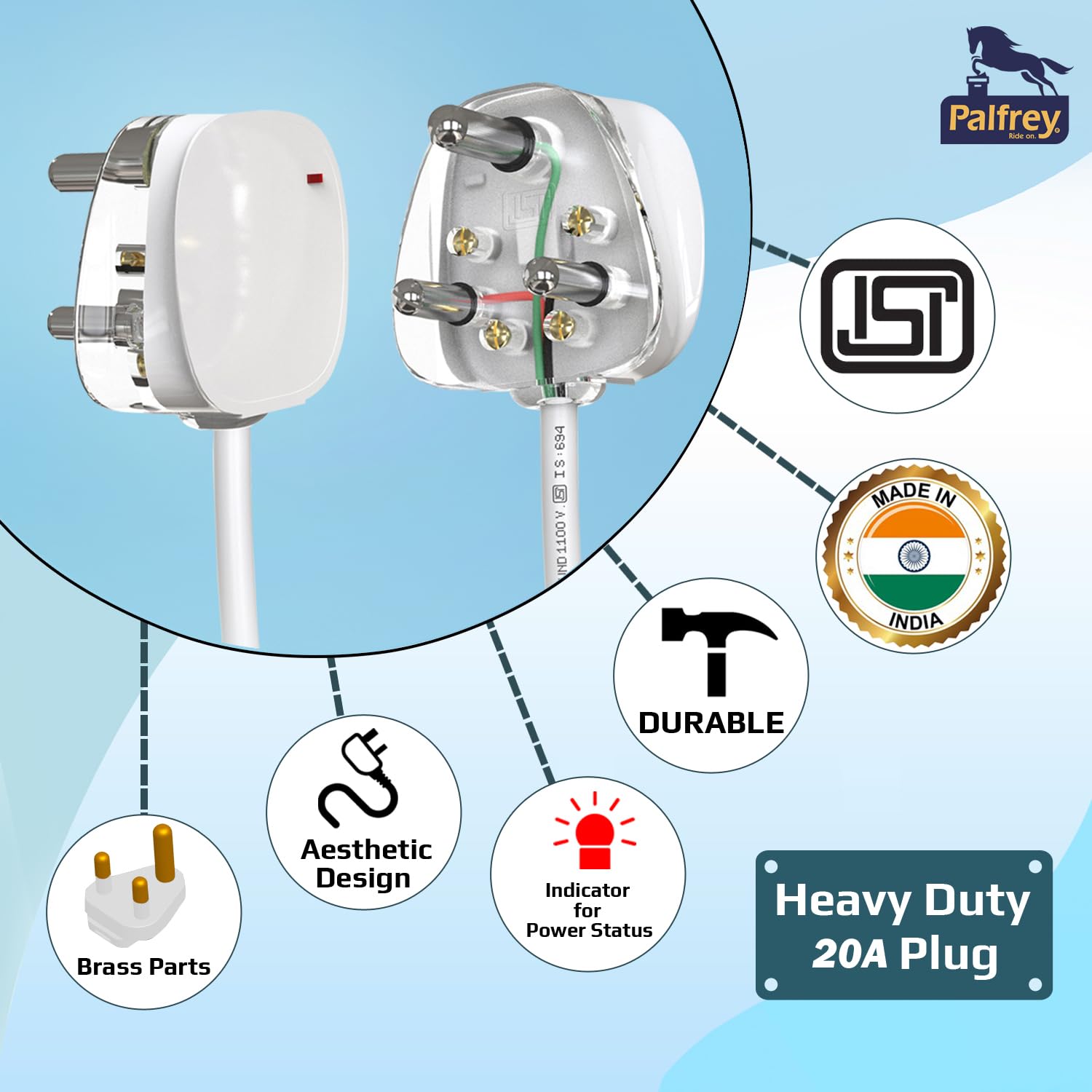 Palfrey Electric Extension Board - 16A/20A + 16A/20A with Two Switch and Heavy Duty 2 Meter Wire (2200W) (White), 240 Volts 2