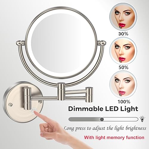 Miniatura 5 de Espejo de maquillaje iluminado de latón con aumento, espejo de aumento de pared 5X con luz, espejo extensible para baño, sensor táctil, níquel