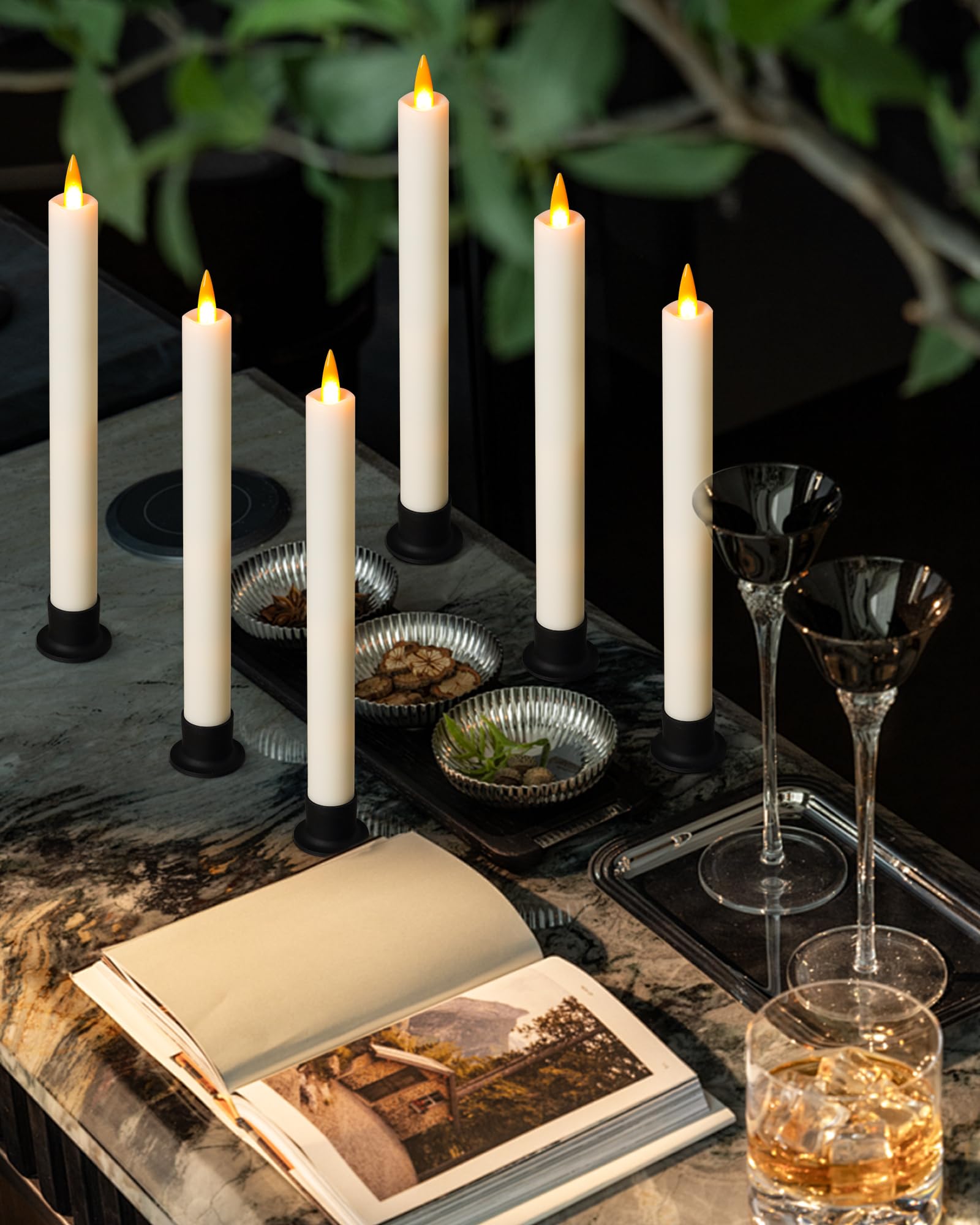 Da by Candela LED con telecomando e timer, candela a LED a cono alimentata a batteria, stoppino dinamico 3D, set di 6, avorio, con 6 basi nere, adatto per casa, matrimonio, decorazione festiva