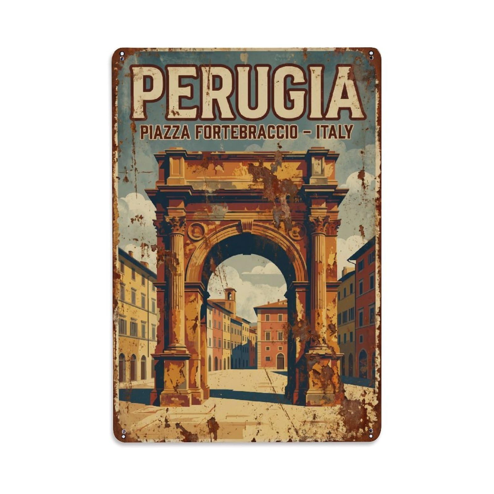 Vintage Travel Perugia Piazza Fortebraccio Italy Metal Tin Sign Plaque Wall Decor for Cafe, Club Bar, Office, Home Garden Metal Poster 8x12Inch