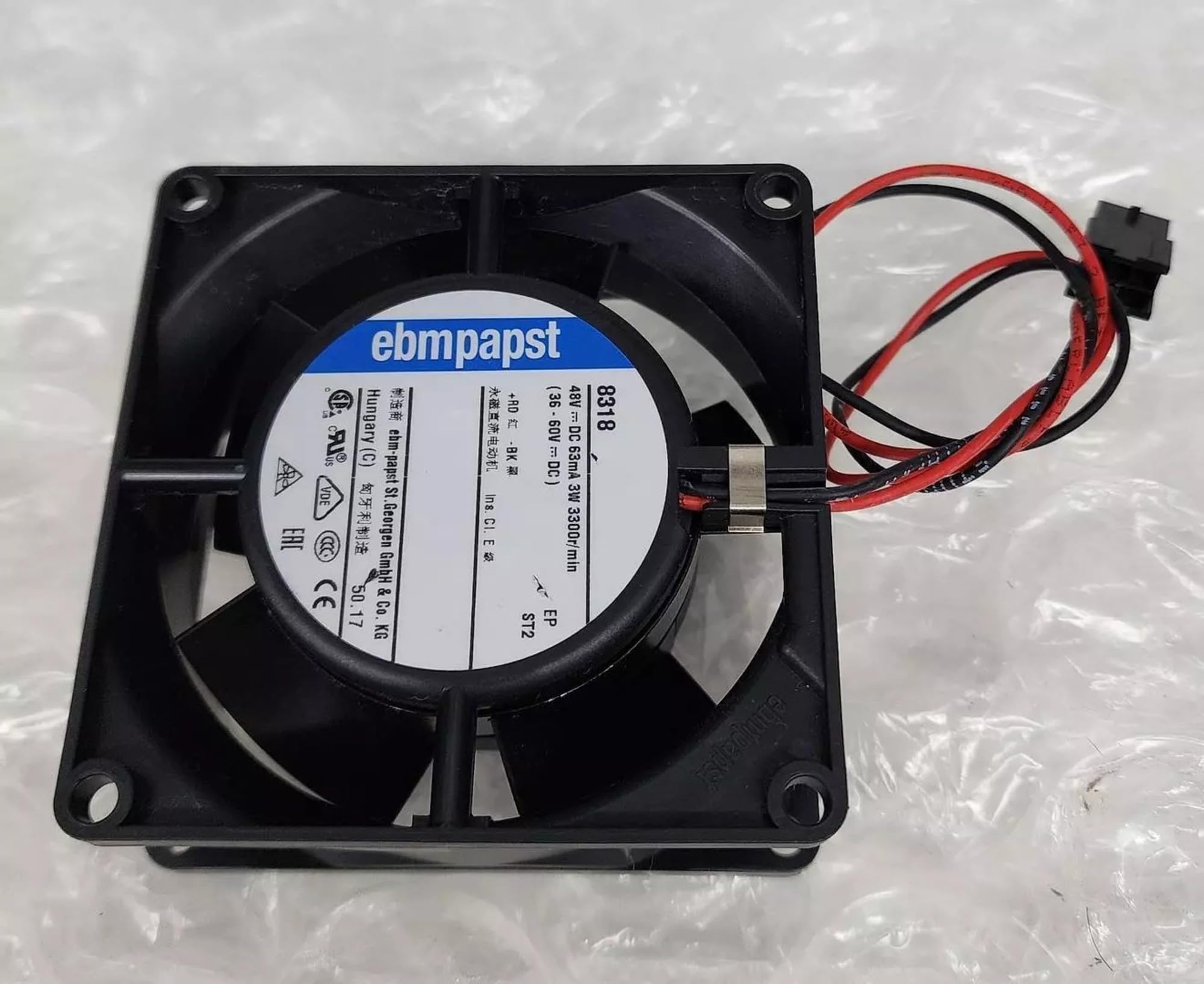 ebm-papst 8318 Axial Fan 48V-63mA 3W DC Brushless Air Cooling Fan 3300 RPM 80 * 80 * 38mm 2Wire