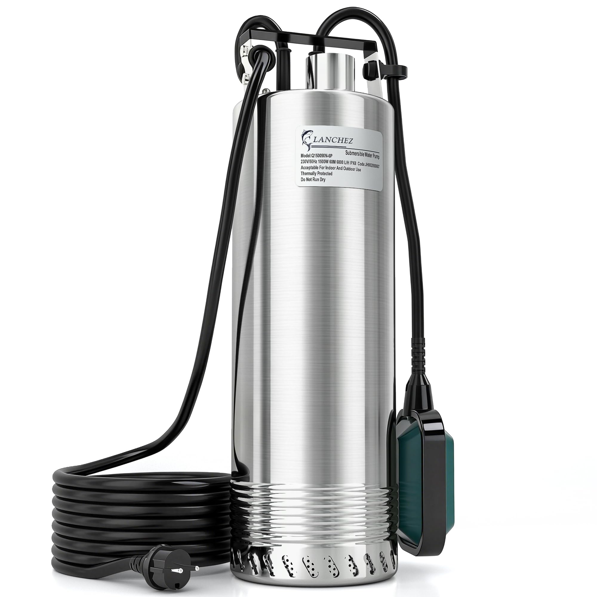LANCHEZ 1500 W Tauchpumpe mit schwimmer, Tauchdruckpumpe mit 6800 l/h Fördermenge, Förderhöhe max. 60 m, Eintauchtiefe max. 16 m, Wasserpumpe für Keller, Landwirtschaft, Gartenbau