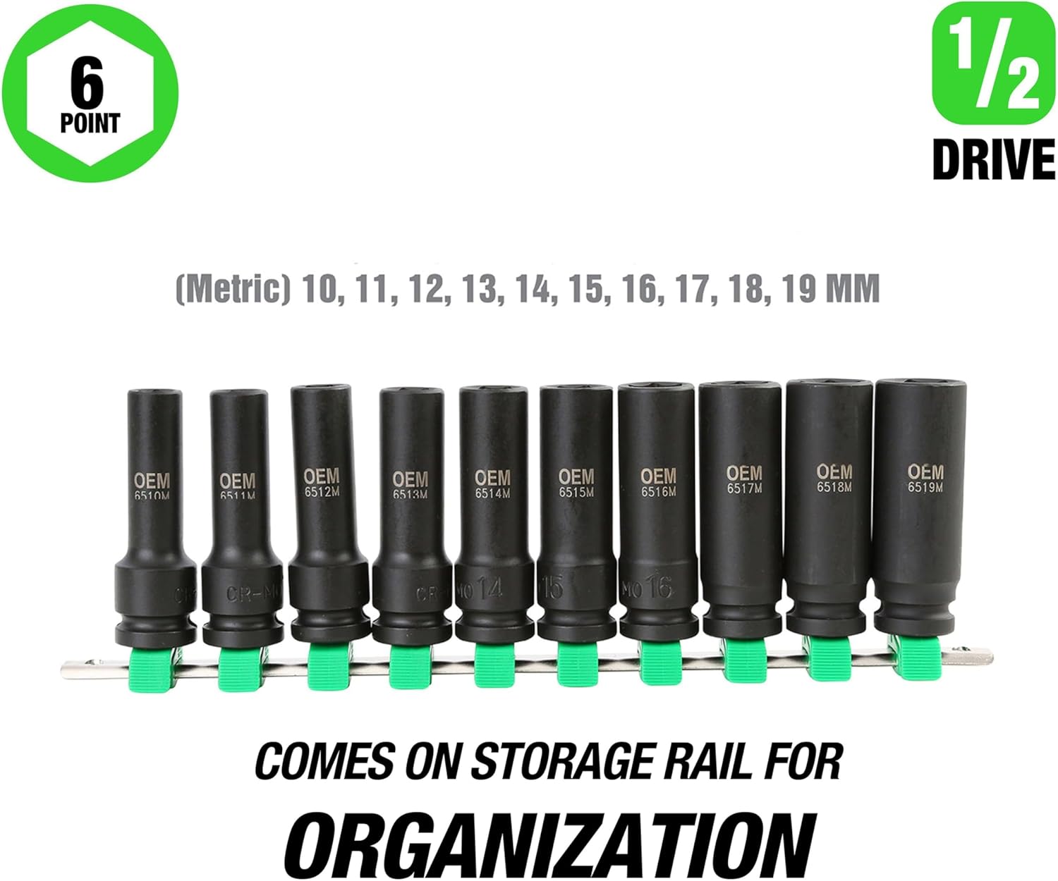OEMTOOLS 25592 1/2 Impact Socket Set, 10-Pc Deep Metric Socket Set, Automotive Tools for Heavy-Duty Use, Chrome Moly Steel, High Torque, 10-19 mm Impact Sockets