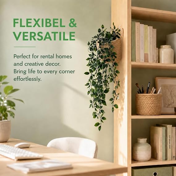2PCS Artificial Hanging Plants with Woven Baskets, 90cm/35in Fake Mandala Trailing Greenery Vines with Hooks, Faux Hanging Plant Wall Decor for Bedroom Bathroom Kitchen Shelf Window Living Room
