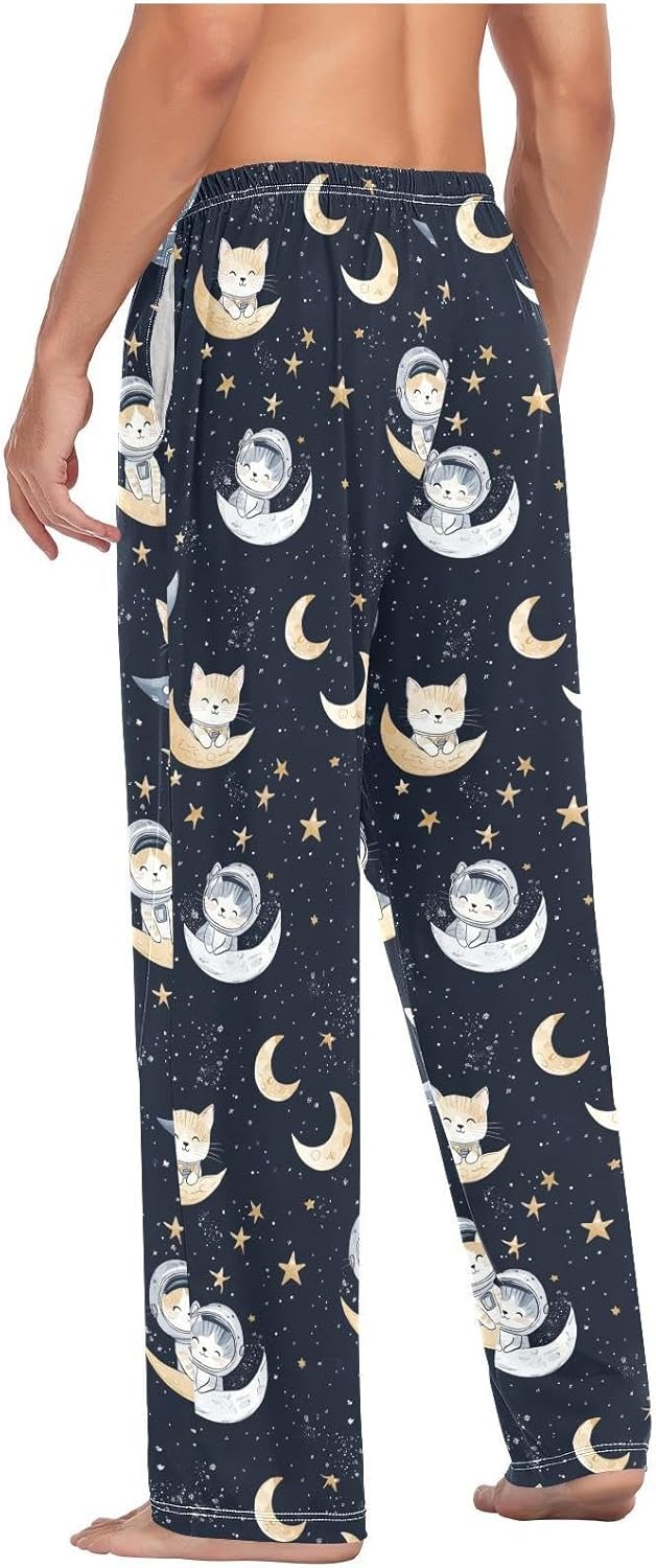 ZZKKO Pajamas Pants for Men Starry Sky Astronaut Cat Men's Pajama 100% Cotton Sleep Pants Straight-Fit PJ Bottoms With Pockets Drawstring L